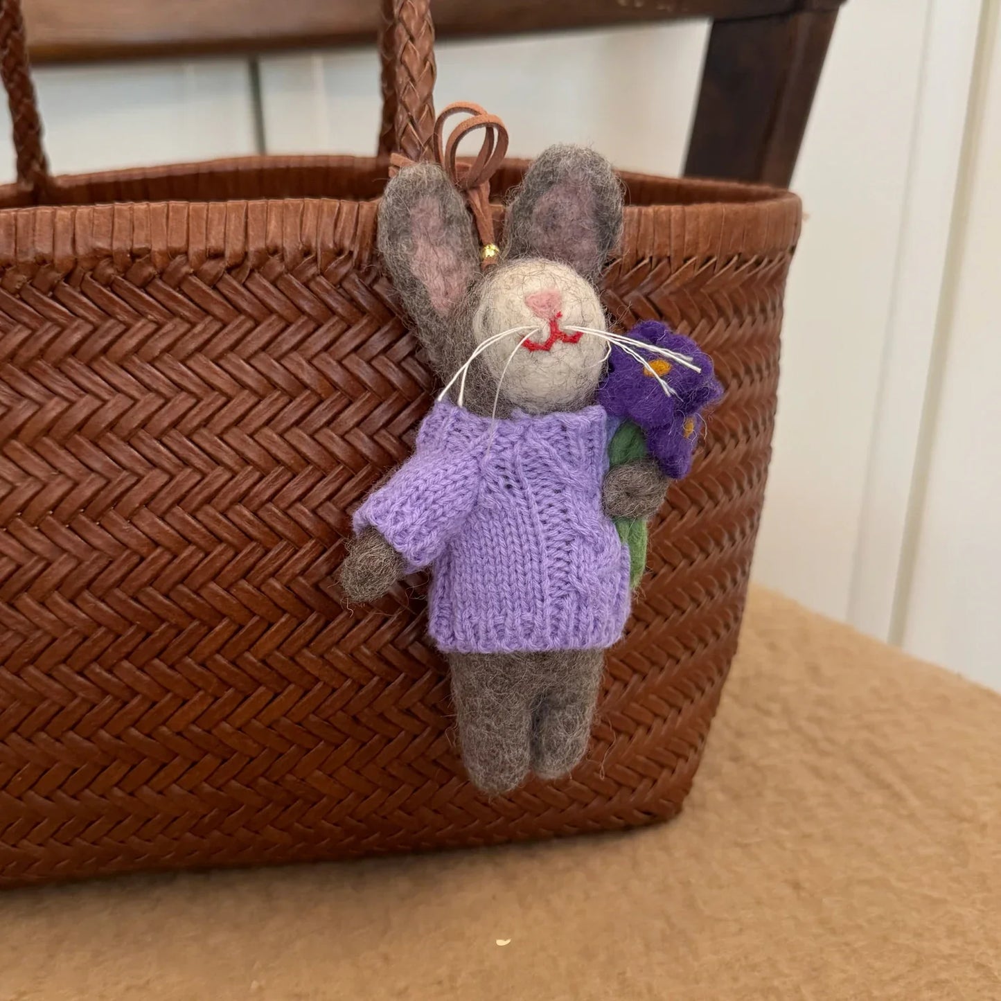 Gray rabbit with purple flower wool felt charm