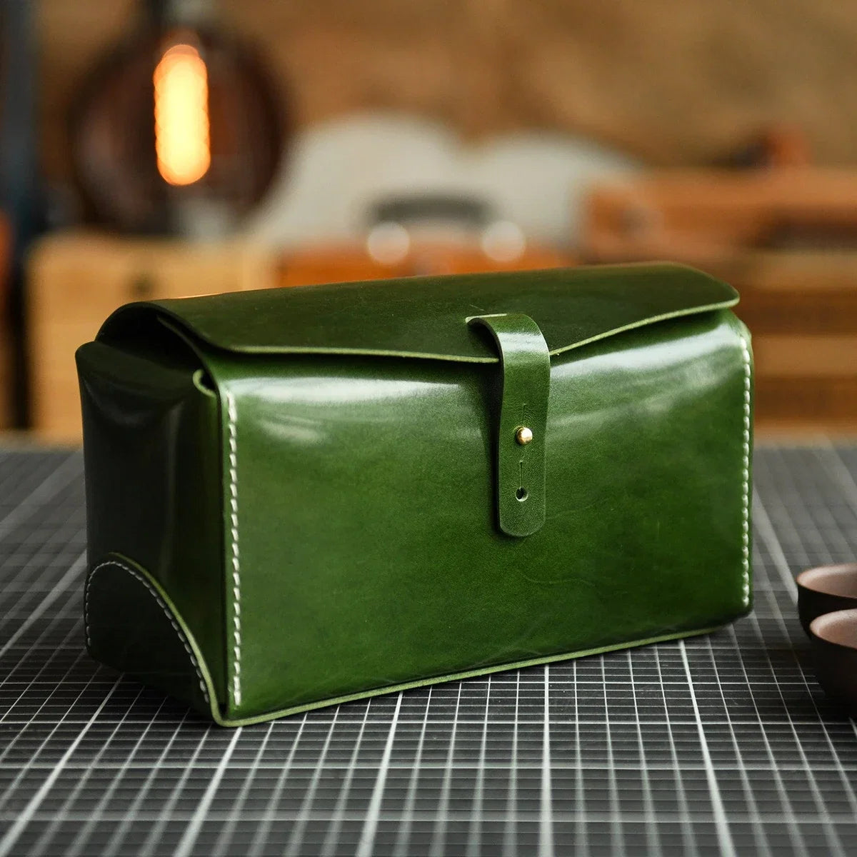 Green vegetable-tanned cowhide travel case