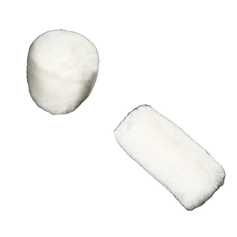 Ivory White genuine Rex rabbit fur gear shift and handbrake cover set on transparent background