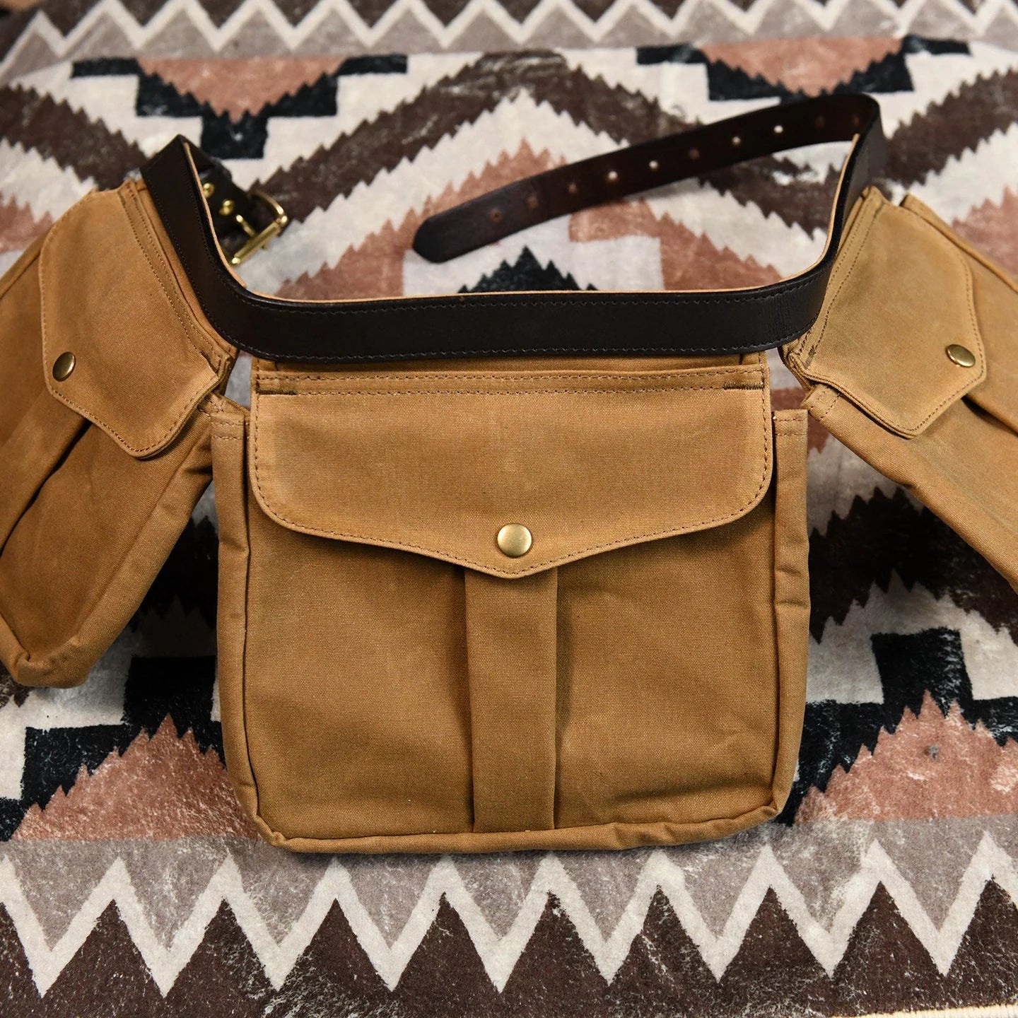 Khaki waxed canvas multi-pocket waist bag