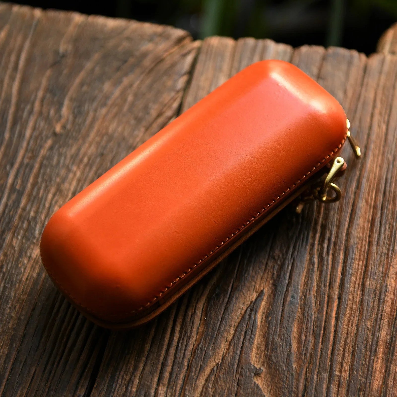 Large tan vegetable-tanned leather eyeglass case