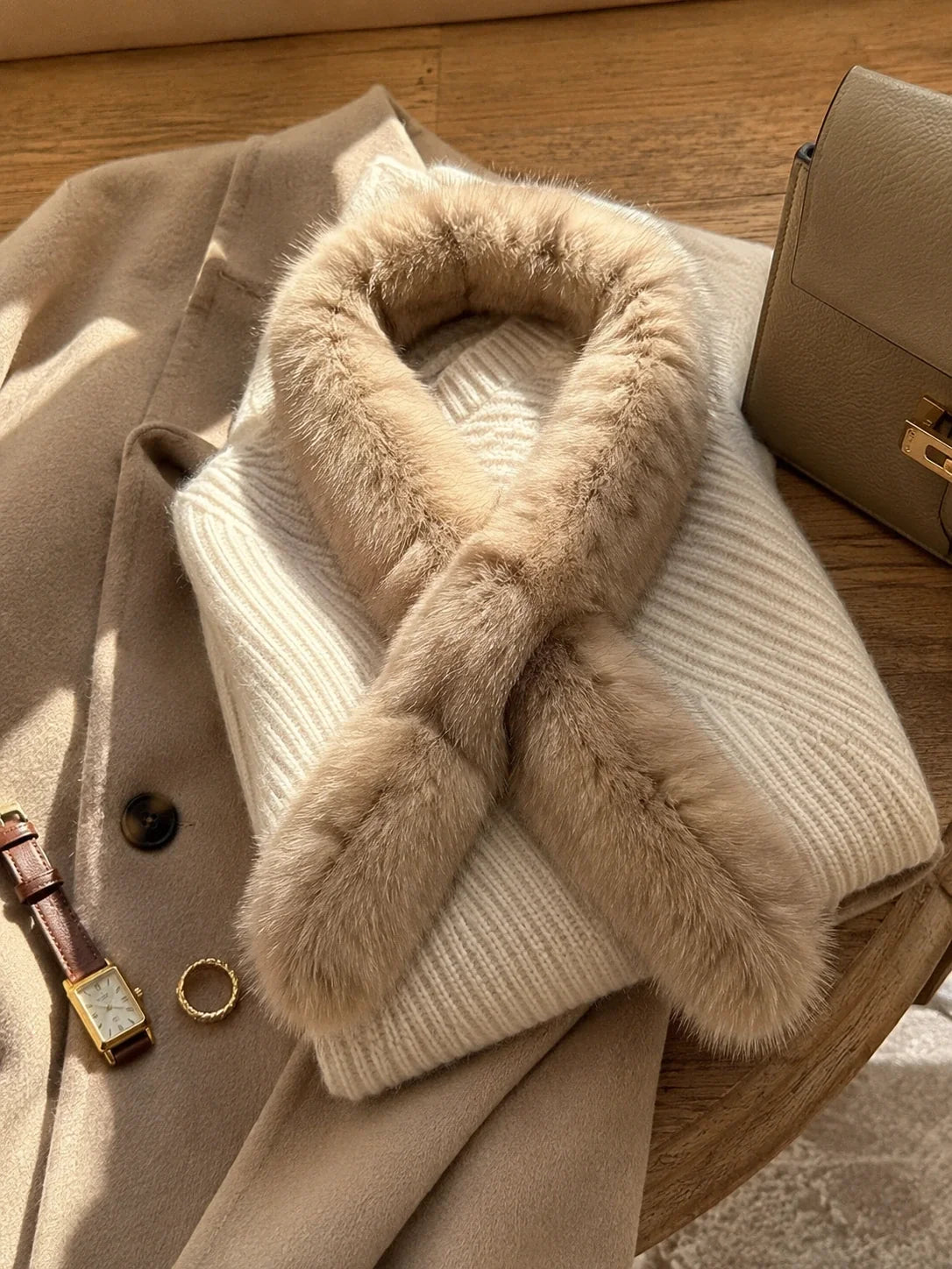 Light Brown sable fur mini scarf with neutral winter layers