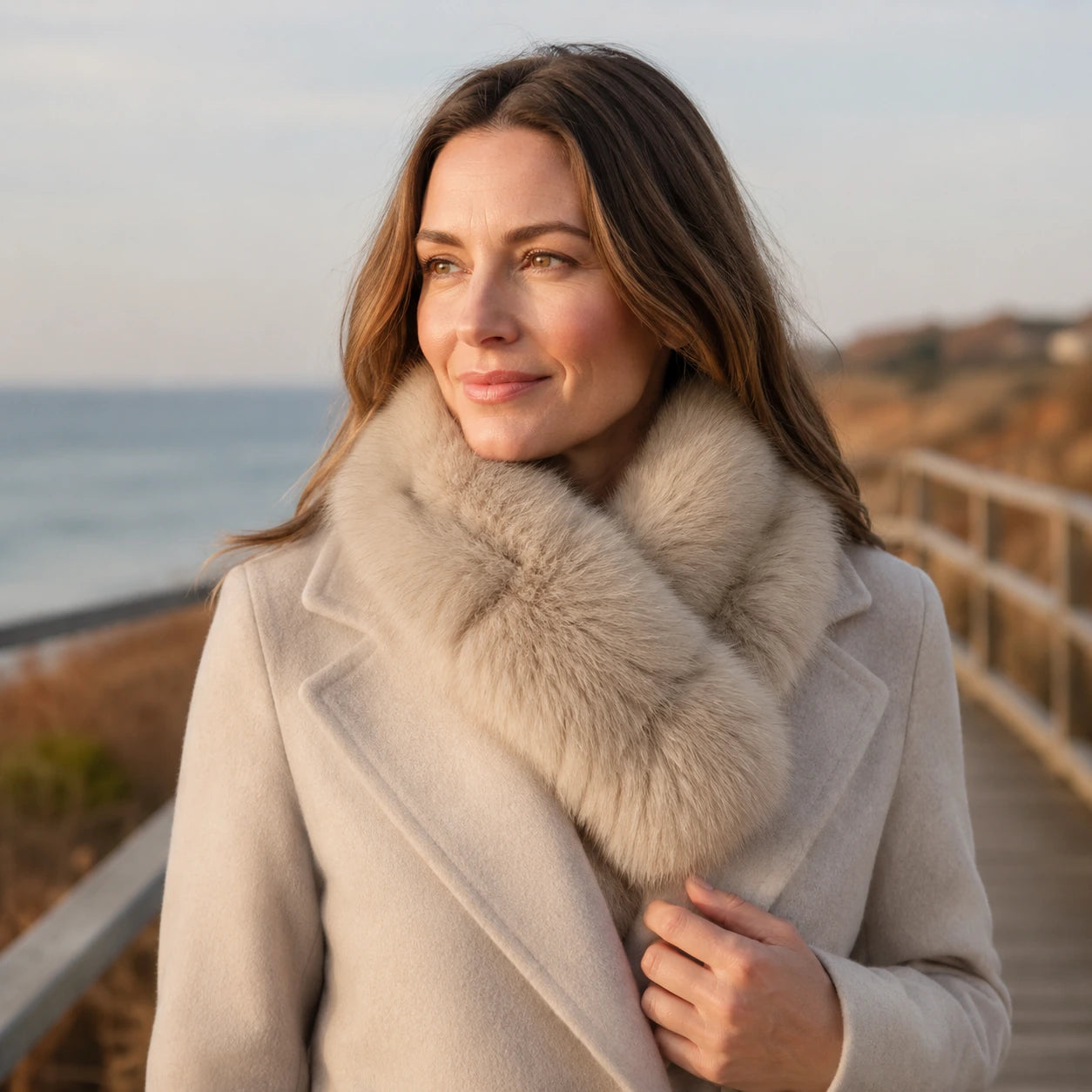 Adult woman wearing a Light Taupe Two-Tone genuine fur V-scarf during a cool coastal walk