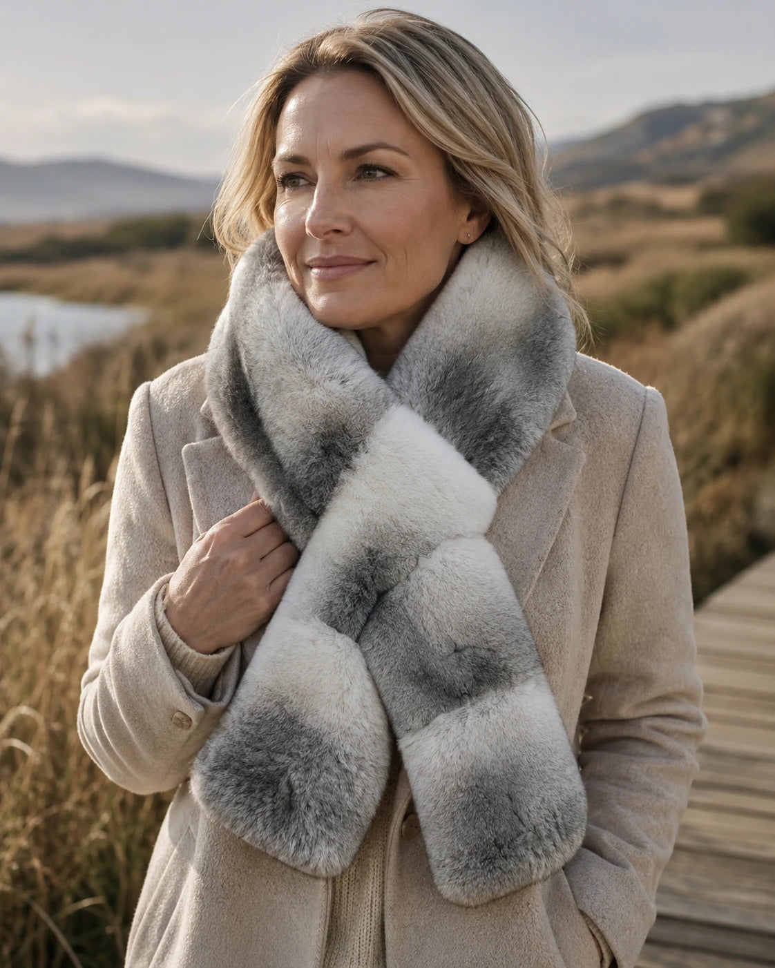 Woman styling a chinchilla blue gradient Rex rabbit fur crossover scarf with a winter coat