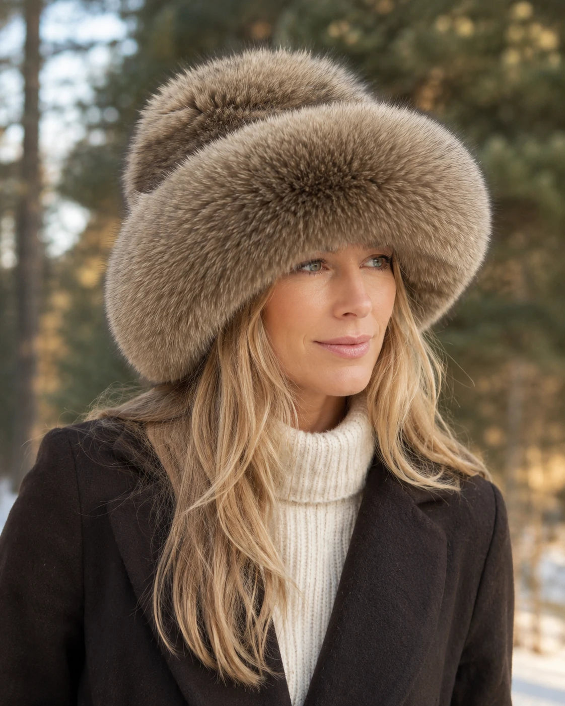 Light Sable Brown genuine sable fur bucket hat styled with a black winter coat outdoors