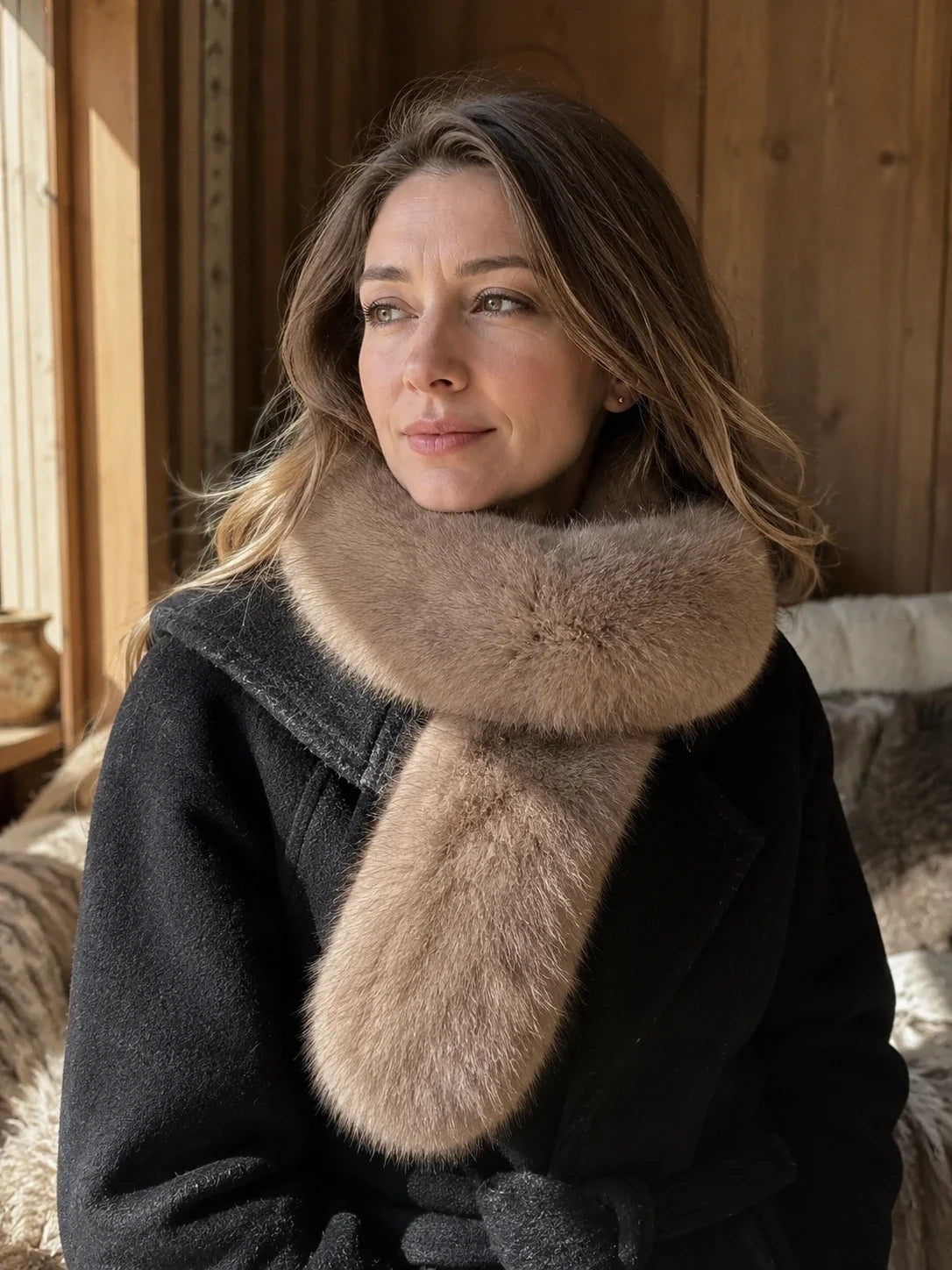 Woman styling a Mushroom Taupe fox fur scarf with a black coat