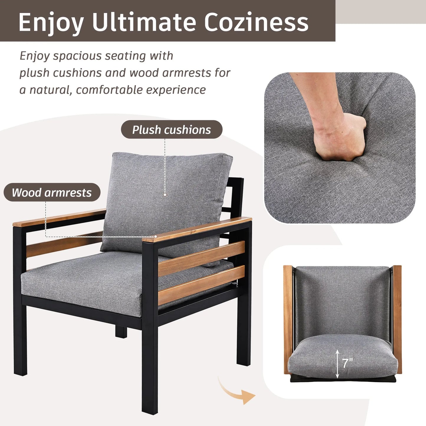 <Old SKU: N704G201246E> GO 4-Piece Outdoor Furniture Sofa Set for 5 People with Acacia Wood Armrests, Patio Conversation Set with Removable Cushion – view 5