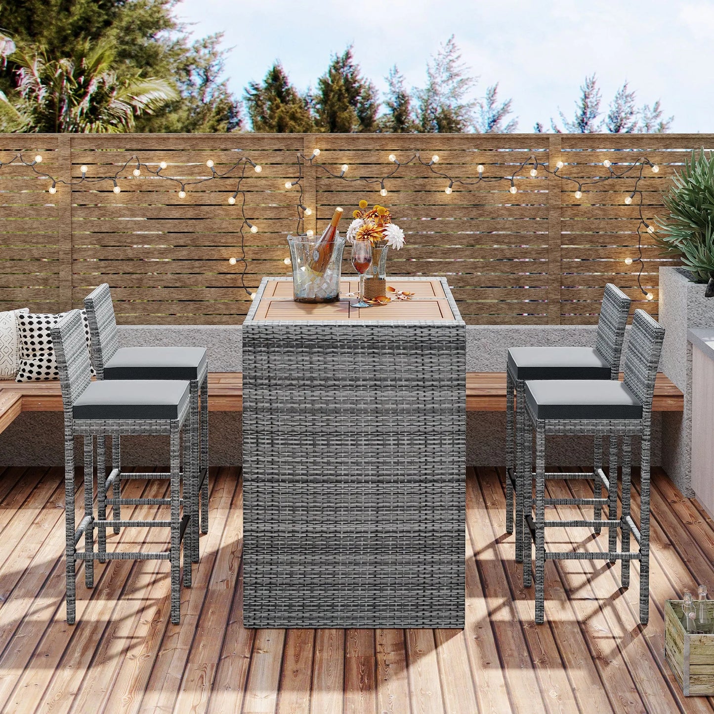 <Old SKU: FG201216AAE> GO 5-pieces Outdoor Patio Wicker Bar Set, Bar Height Chairs With Non-Slip Feet And Fixed Rope, Removable Cushion, Acacia Wood – view 5