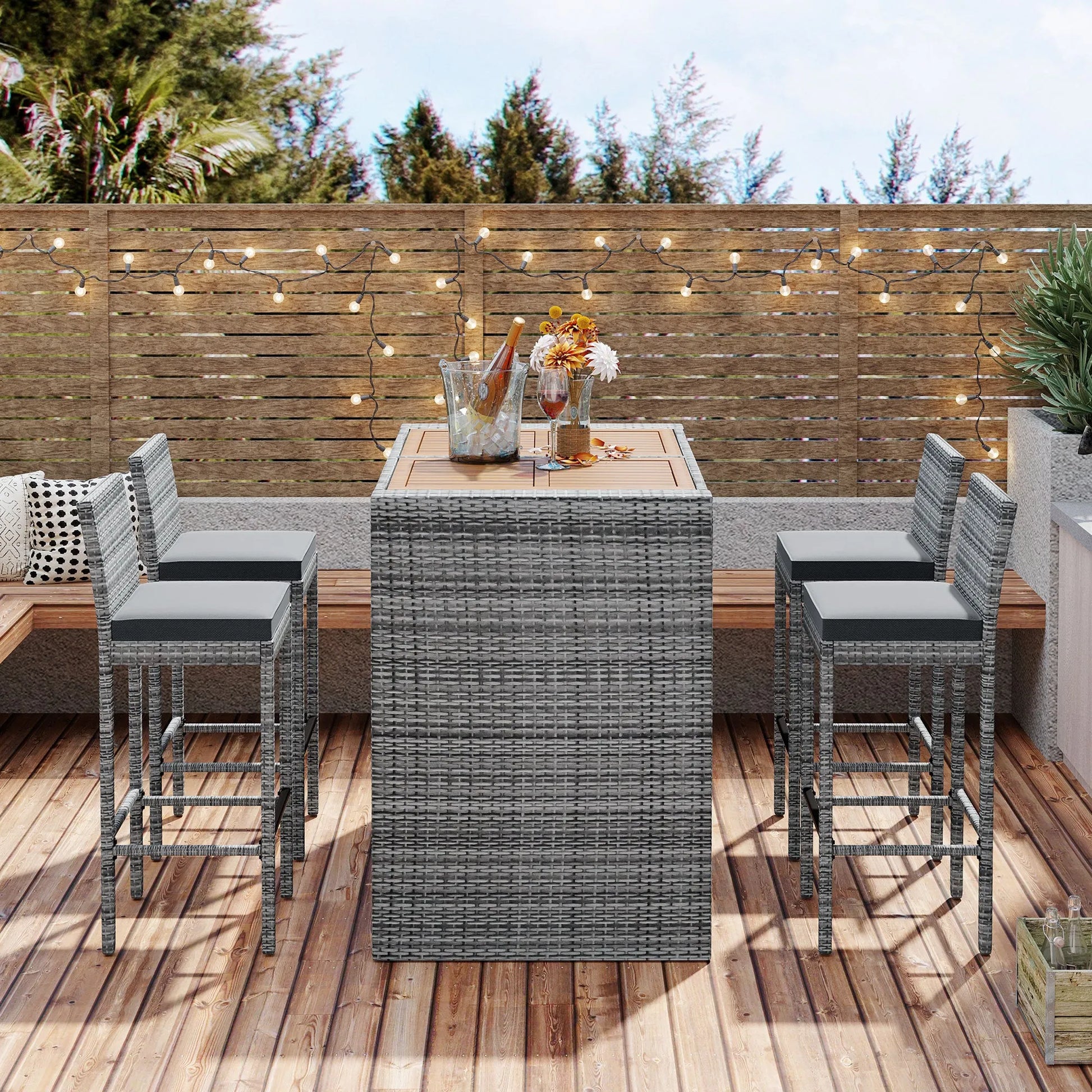 <Old SKU: FG201216AAE> GO 5-pieces Outdoor Patio Wicker Bar Set, Bar Height Chairs With Non-Slip Feet And Fixed Rope, Removable Cushion, Acacia Wood – view 5