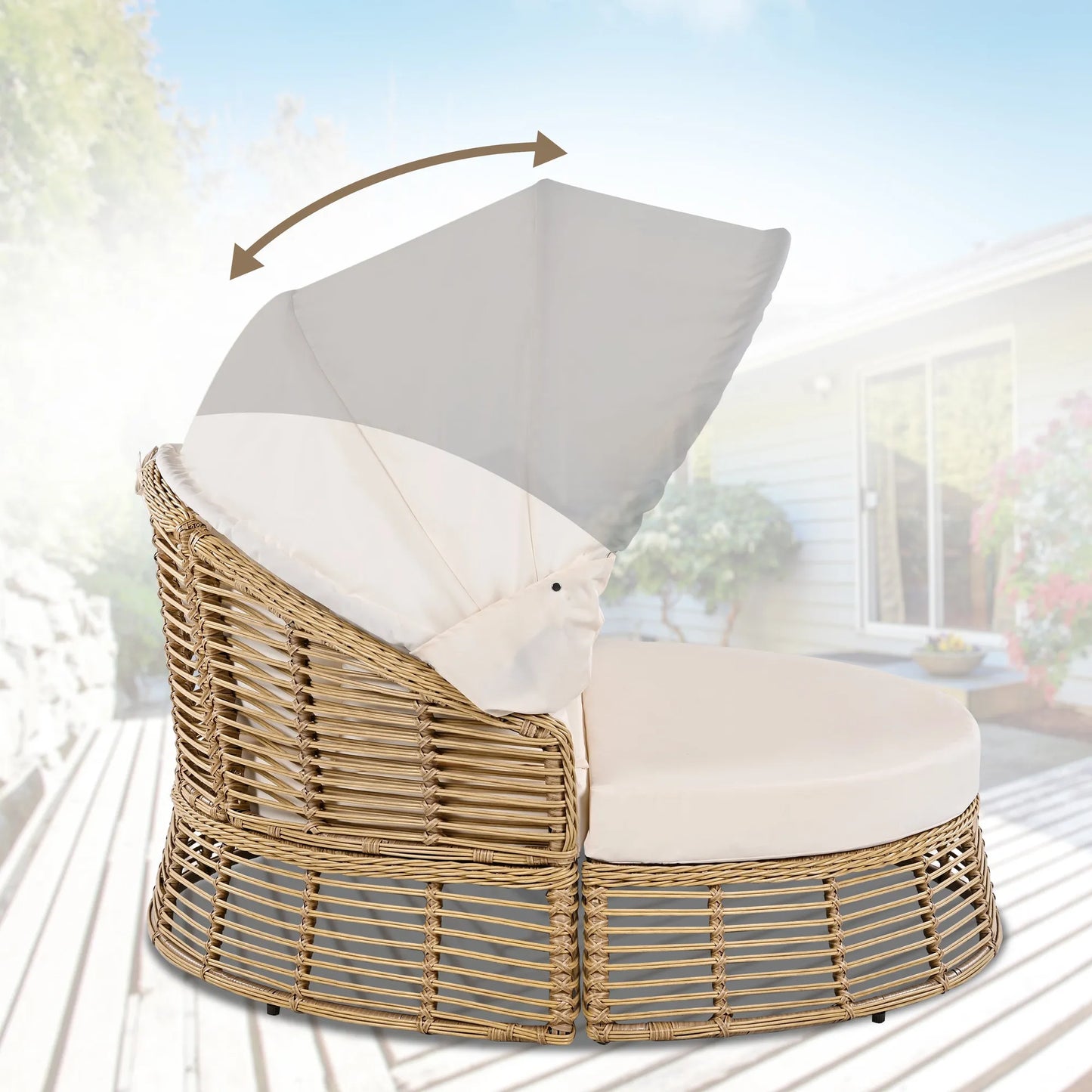 <Old SKU: N704G201243A> Outdoor Patio Rattan Round Daybed with Retractable Canopy, Wicker Furniture Round Poolside Sofa Sunbed with Removable – view 5
