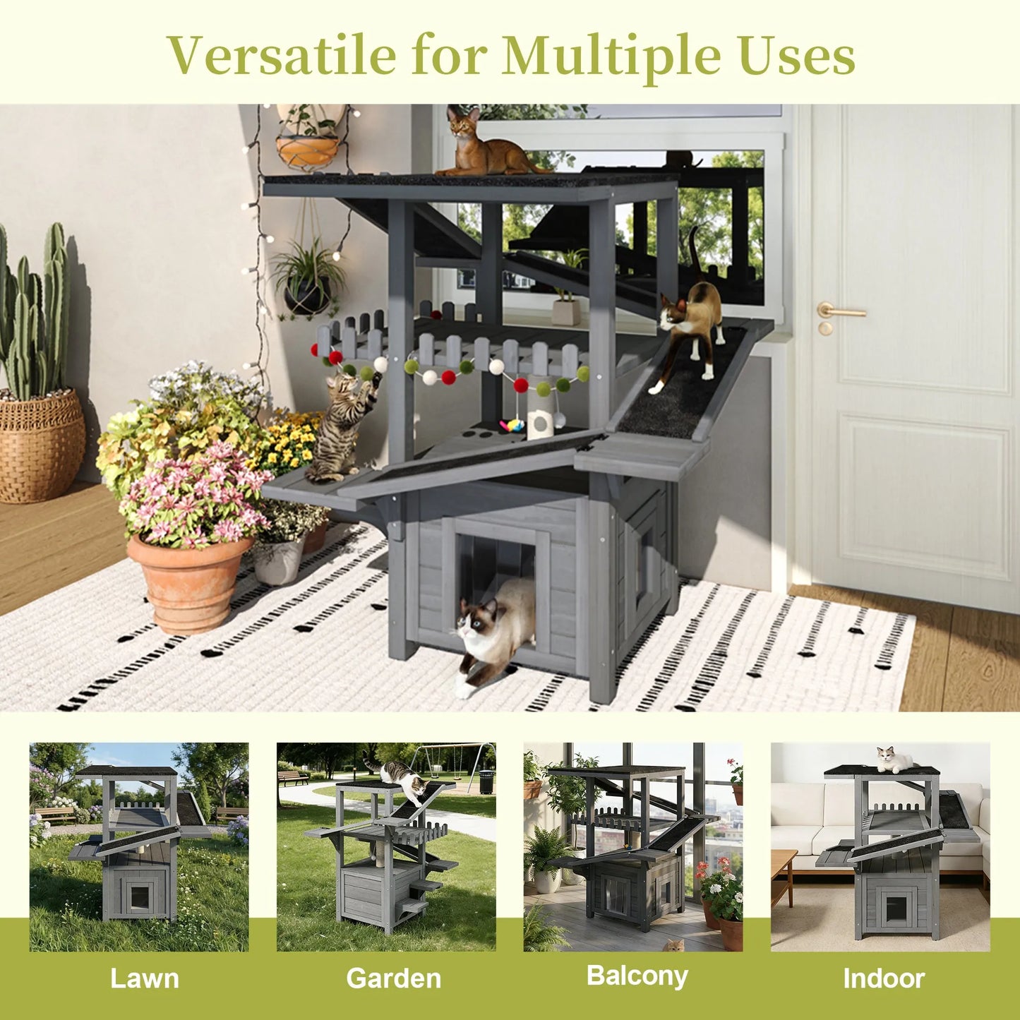 4 Tiers Outdoor Cat House Weatherproof Cat Tree Tower with Waterproof Roof and 2 Doors , Feral Cat Shelter Outside Enclosure, Multi-Level Play Zones – view 5