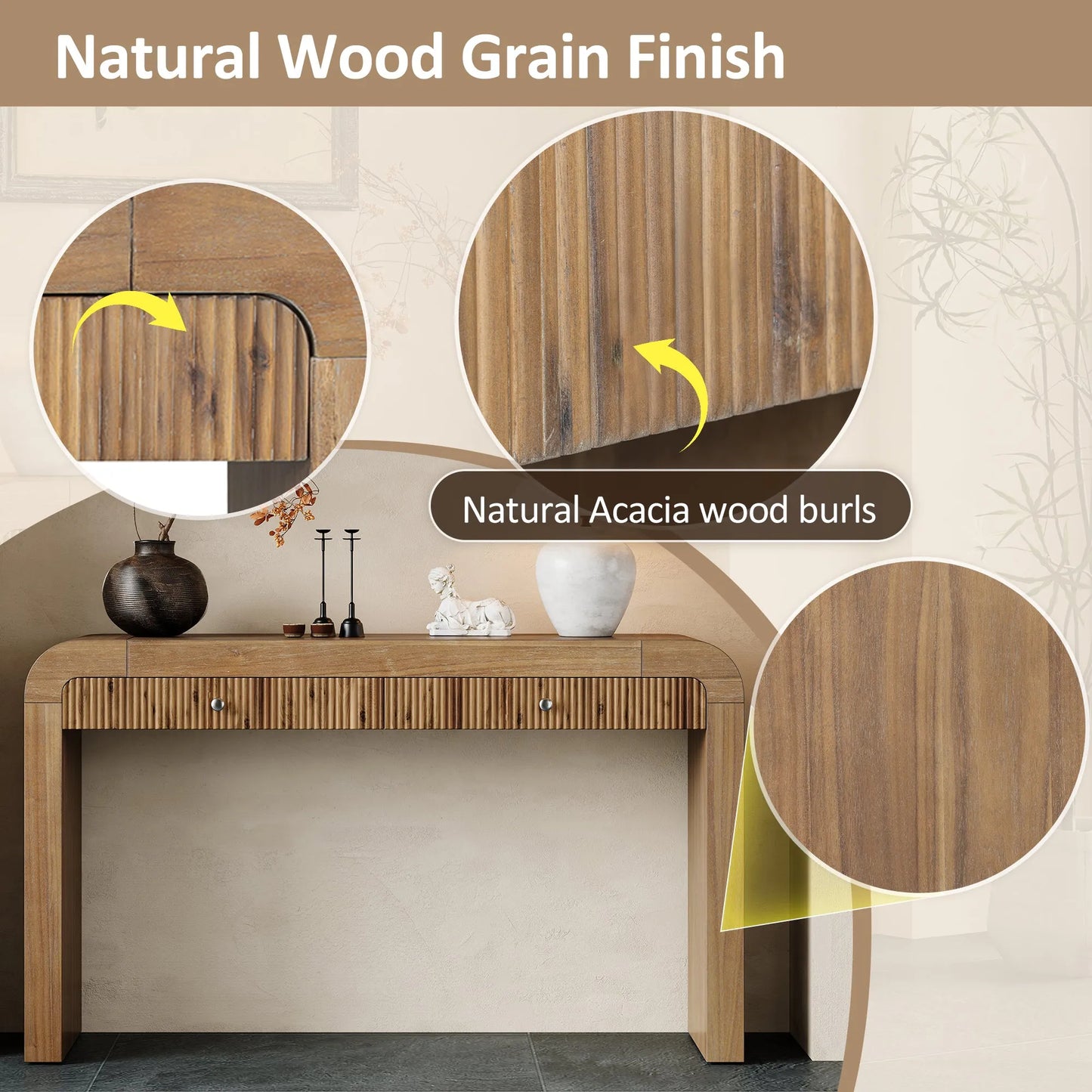 Rustic Console Table with Fluted Drawer Front, Entryway Table with Curved Corners & Thick Legs, Sturdy Sofa Table for Hallway & Living Room (Natural) – view 5