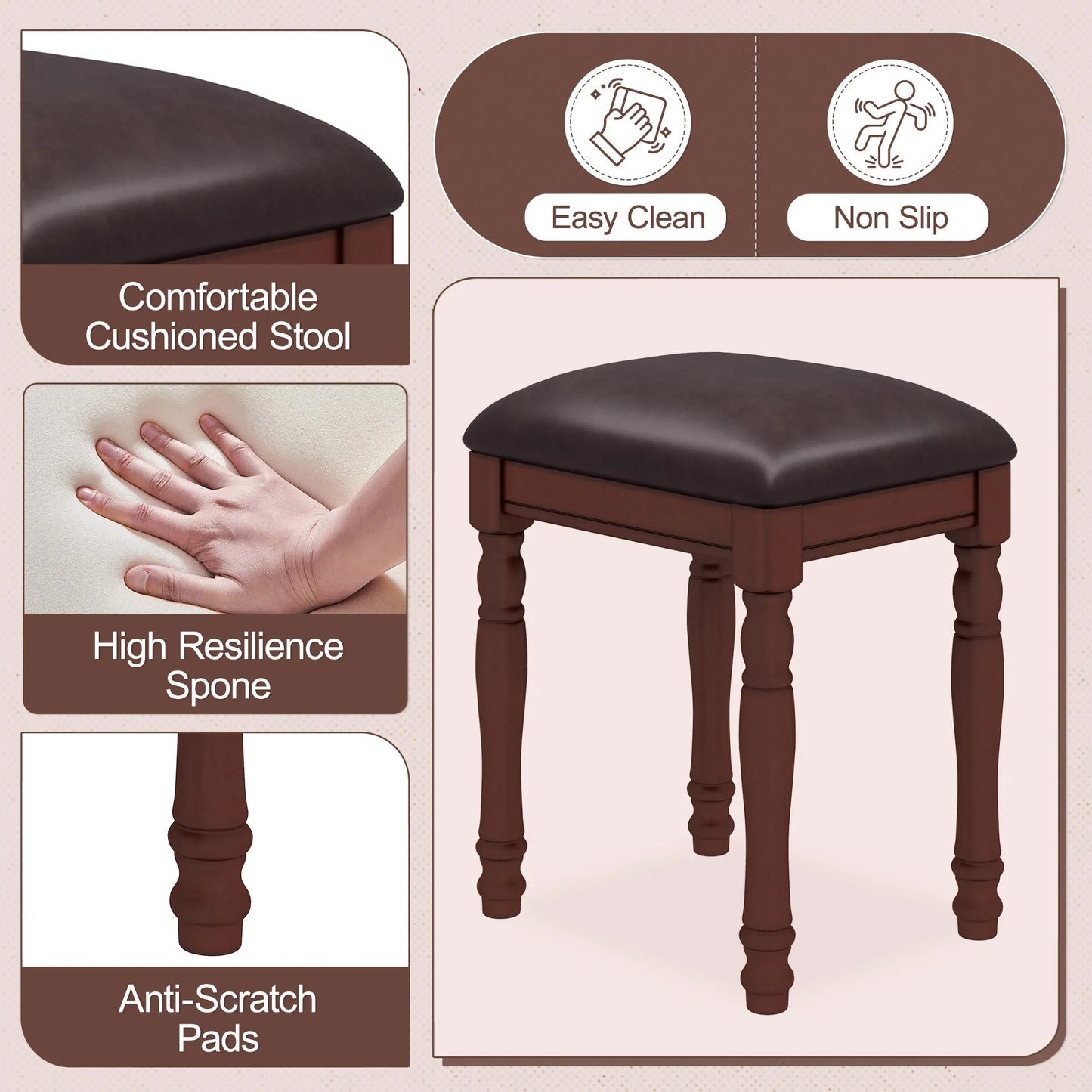 Vanity Desk with Adjustable Angle Mirror, Vintage Vanity Makeup Table and Cushioned Stool Set with Velvet Fabric Lining 5 Drawers,Wooden Dressing – view 5