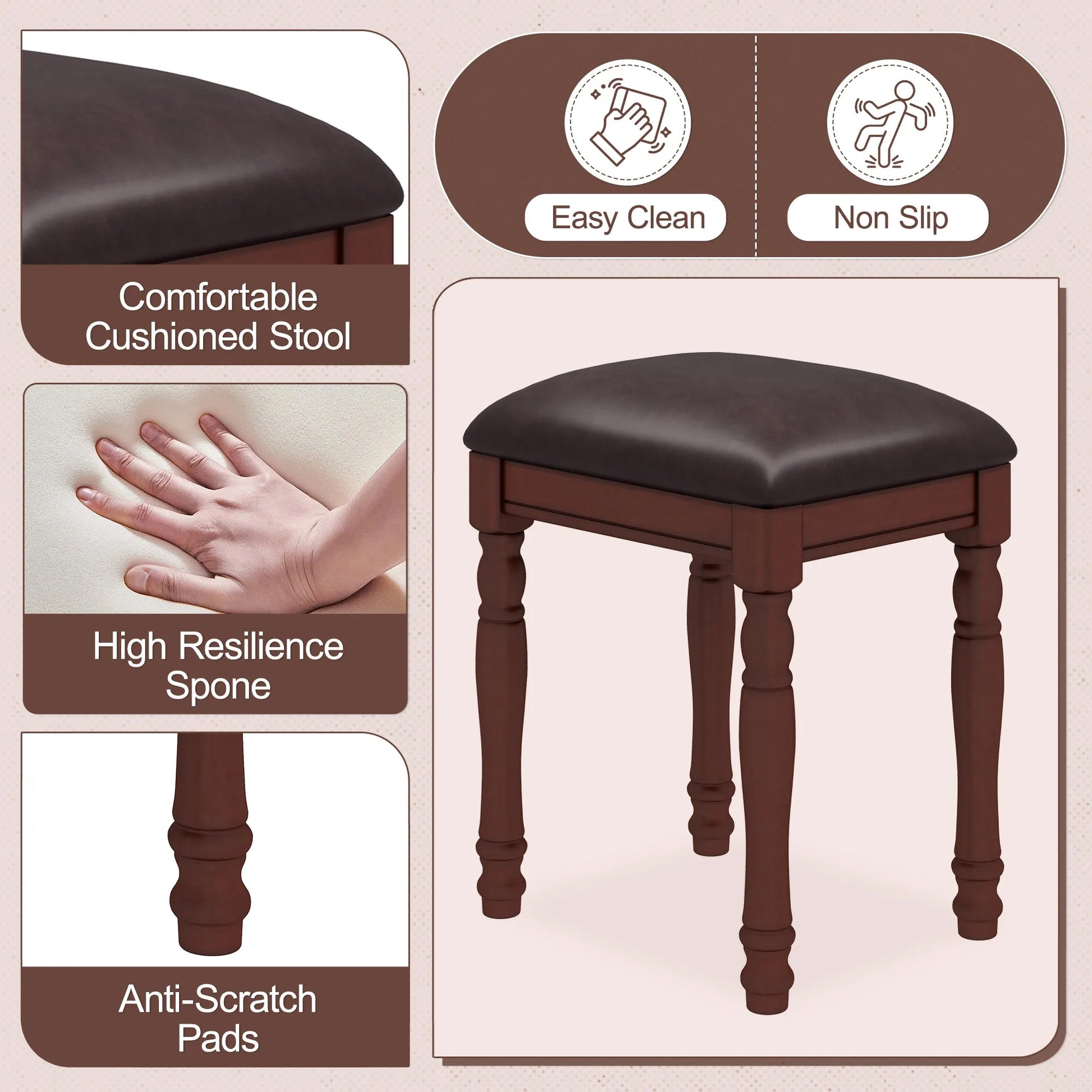 Vanity Desk with Adjustable Angle Mirror, Vintage Vanity Makeup Table and Cushioned Stool Set with Velvet Fabric Lining 5 Drawers,Wooden Dressing – view 5