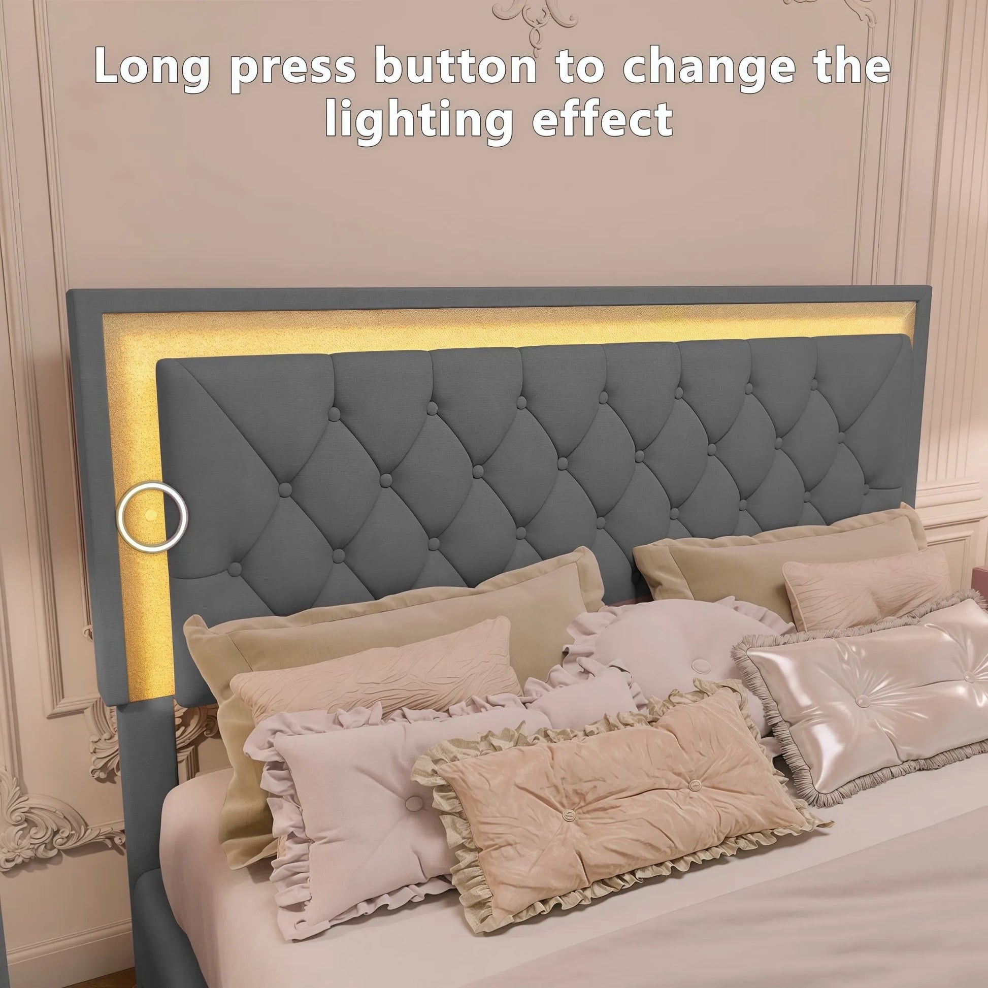 3-Pieces Bedroom Sets,Queen Size Upholstered Platform Bed with LED Lights and Two Nightstands-Gray – view 5