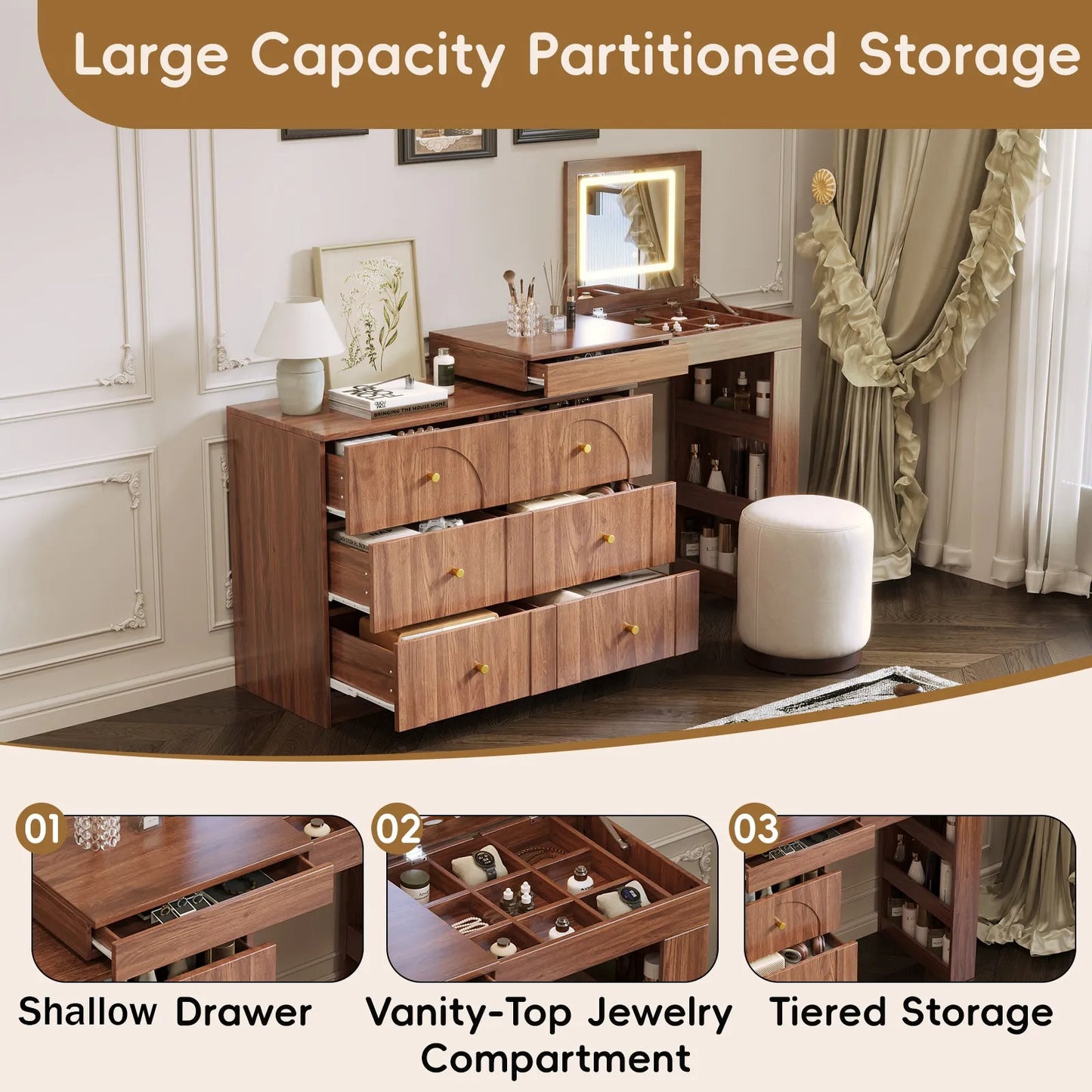 Vanity Desk with Mirror and Lights, Makeup Vanity Table with Flip-Top Tabletop and Storage 7 Drawers, 9 Compartments, 3 Shelves, 3 Color Modes – view 5