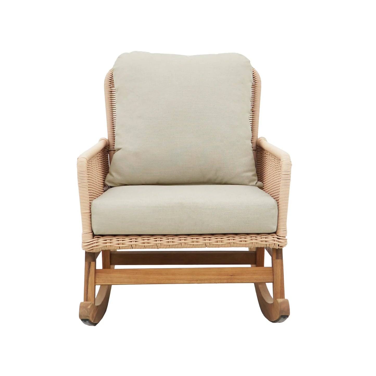 Contemporary Minimalist Beige Wicker Rocking Chair with Soft Polyester Cushions and Wooden Frame – view 5