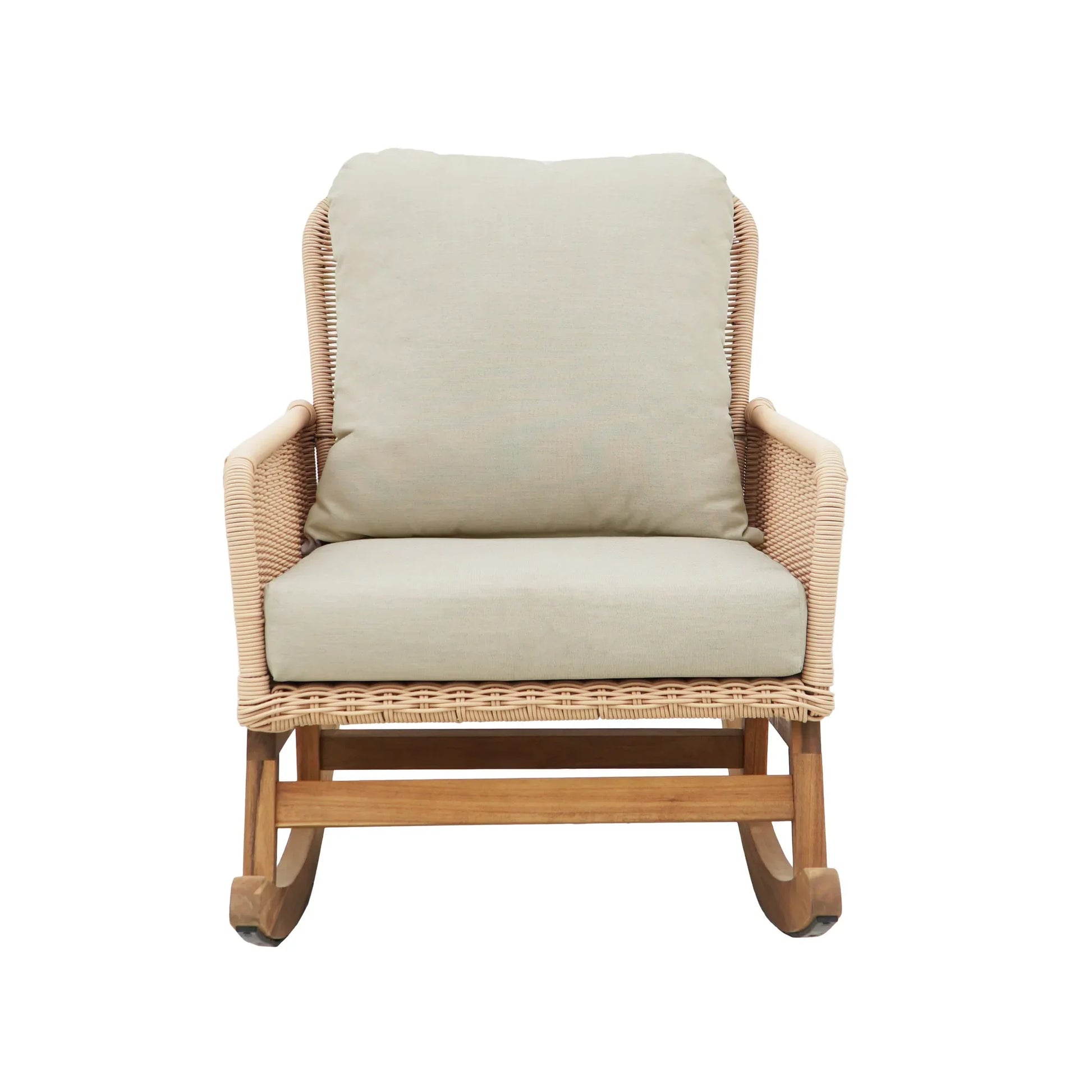 Contemporary Minimalist Beige Wicker Rocking Chair with Soft Polyester Cushions and Wooden Frame – view 5
