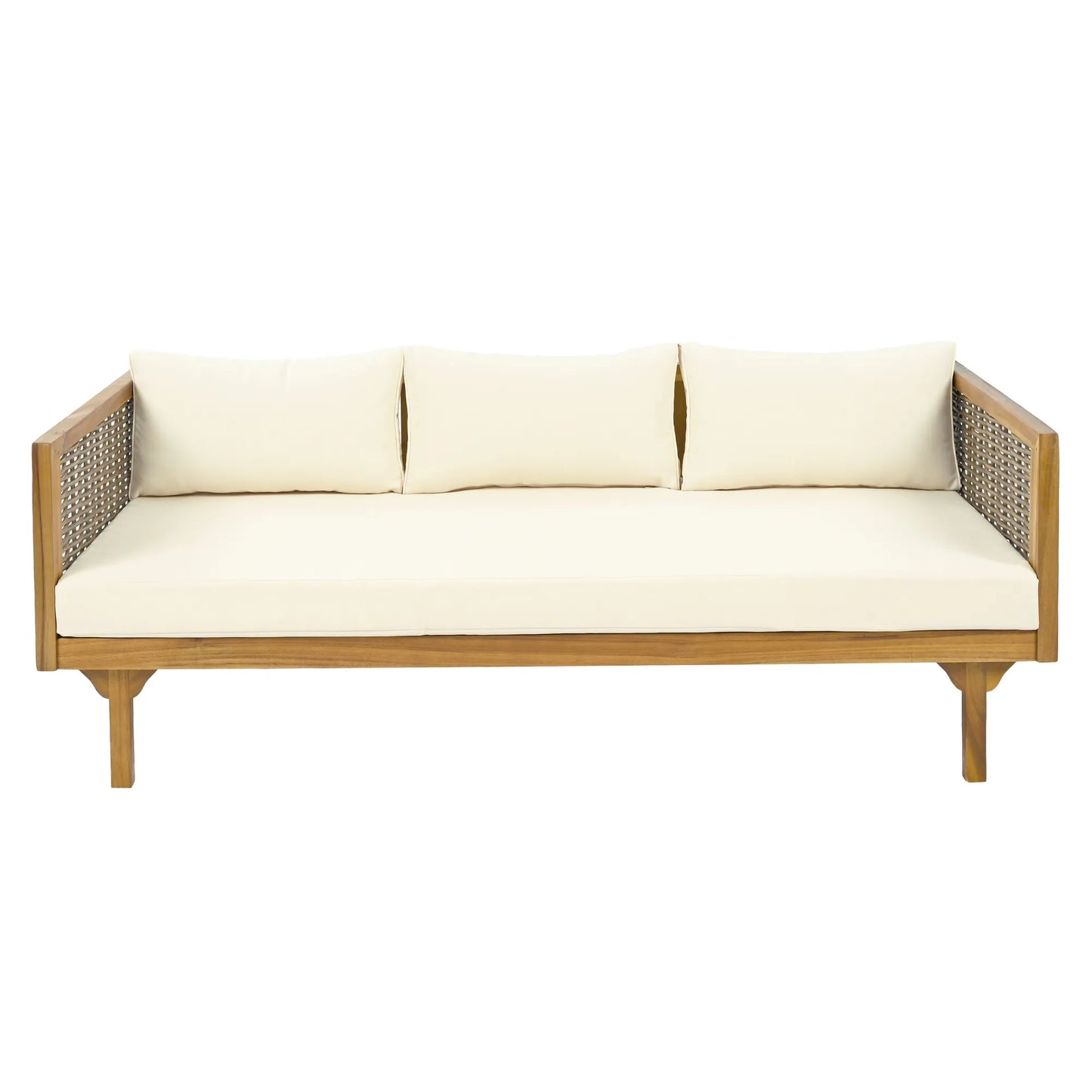 CLAREMONT 3 Seater Daybed with Rattan Arms Beige Cushion Acacia Wood – view 5