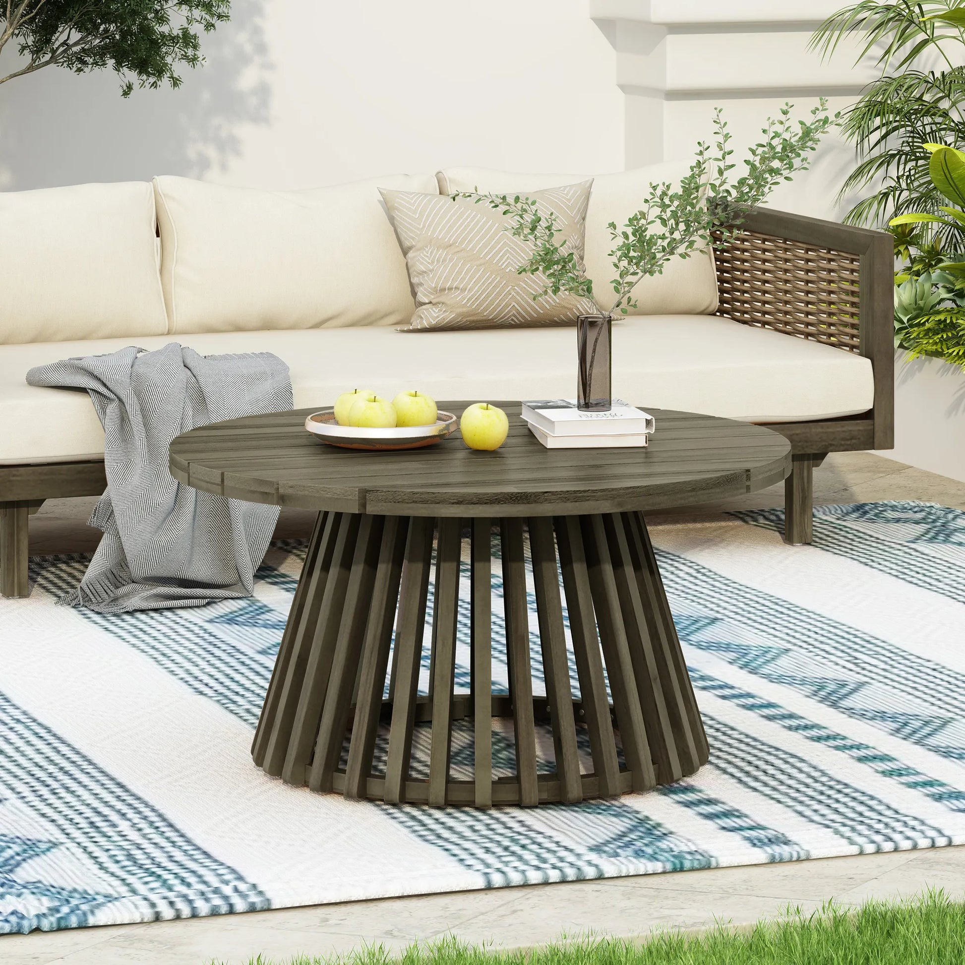 Outdoor Acacia Wood Patio Coffee Table, Round Coffee Table for Backyard, Lawn, Balcony,Grey Finish – view 5