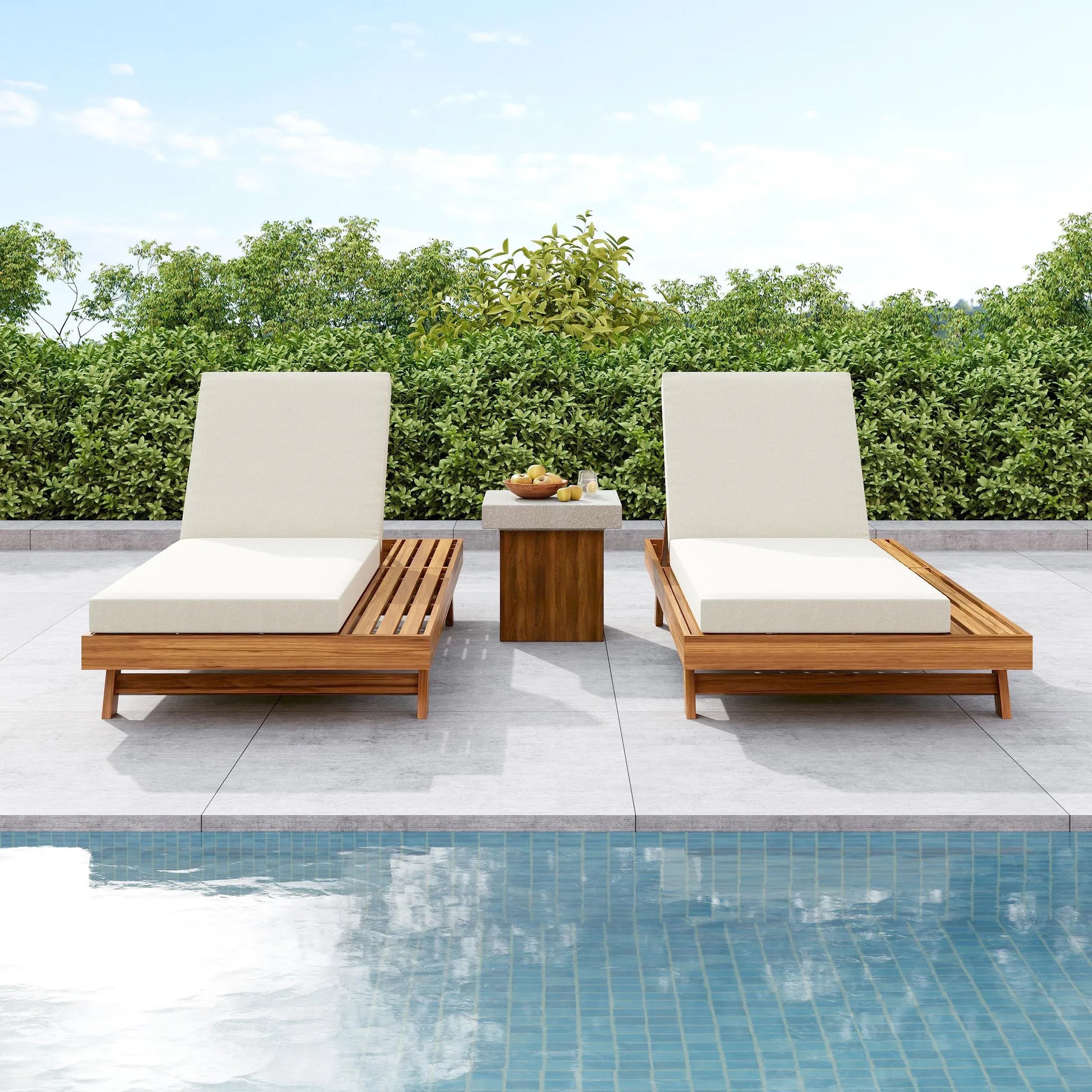 LOUNGE CHAISE SET, SPACE AVAILABLE ON ONE SIDE,ACACIA WOOD WITH WATER-RESISTANT LOUNGE CUSHIONS (CREAM & 4 INCH THICK) - MATCHING DARK GREY VERSION – view 5