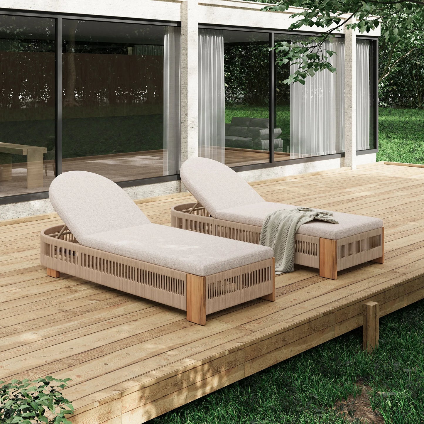 Outdoor Chaise Lounge Chair, Acacia wood Pool Chair with Adjustable Backrest and Cushion, Outdoor Lounge Chair for Beach, Yard, or Poolside (Beige – view 5