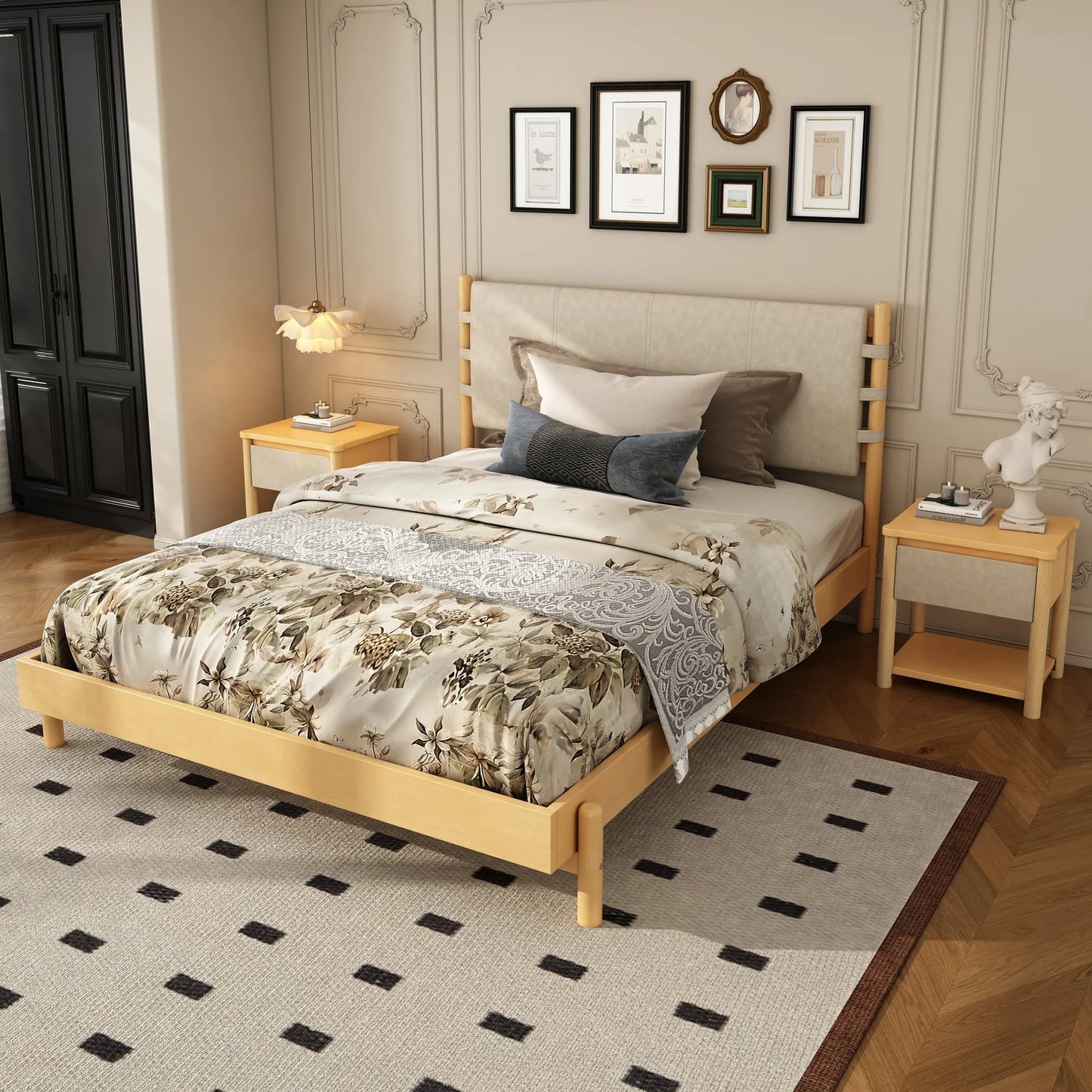 Modern Queen Bed Frame Set with 2 Nightstands, Beige Wood Platform Bed with Headboard and Matching Bedside Tables for Bedroom – view 5