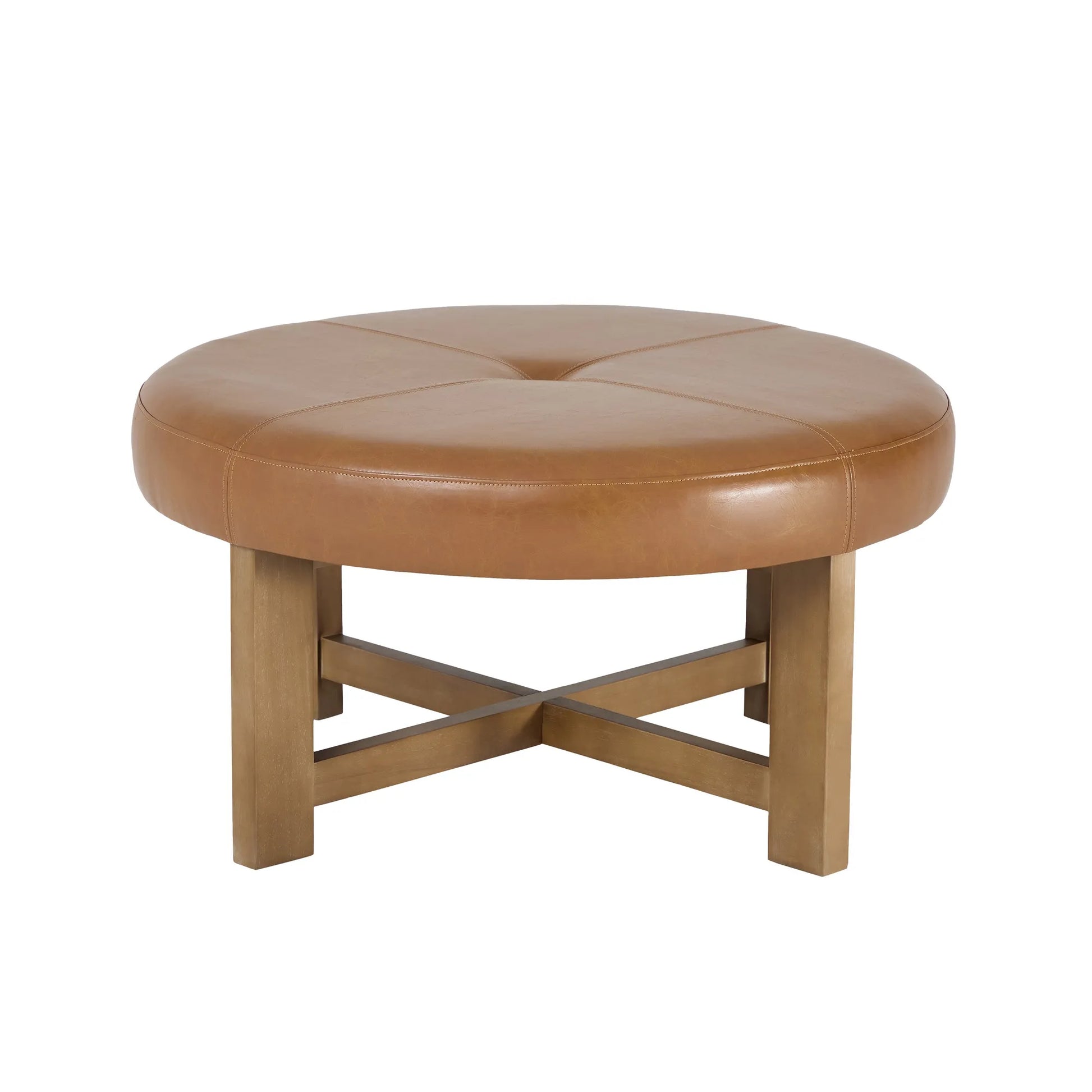 Round Leather Ottoman Coffee Table with Solid Wood Base, Tufted Faux Leather Upholstered Footrest, Brown Top with Walnut Finish Legs – view 5
