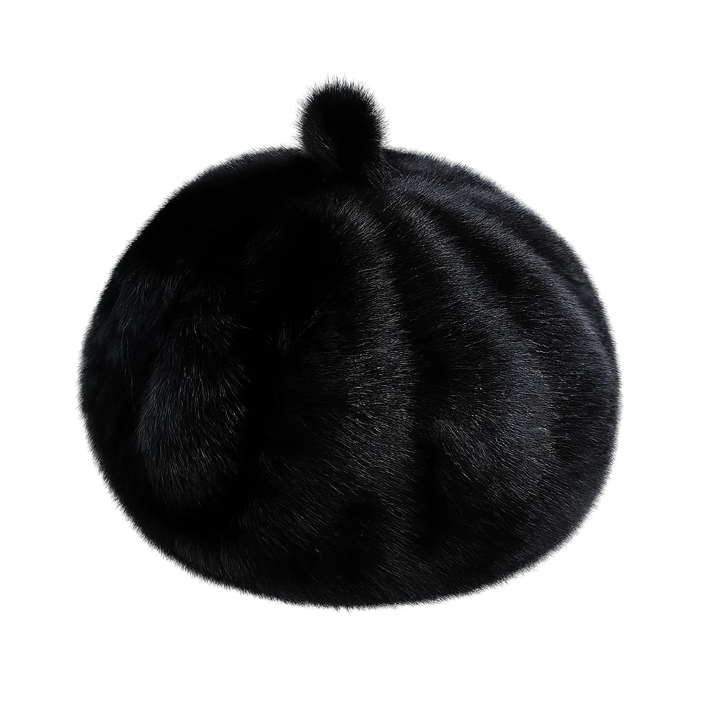 Natural Black genuine mink fur paneled winter beret