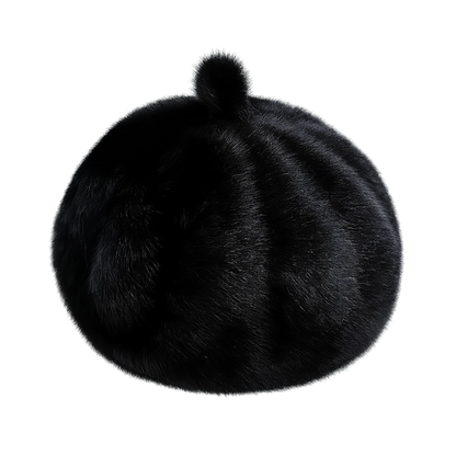 Natural Black genuine mink fur paneled winter beret