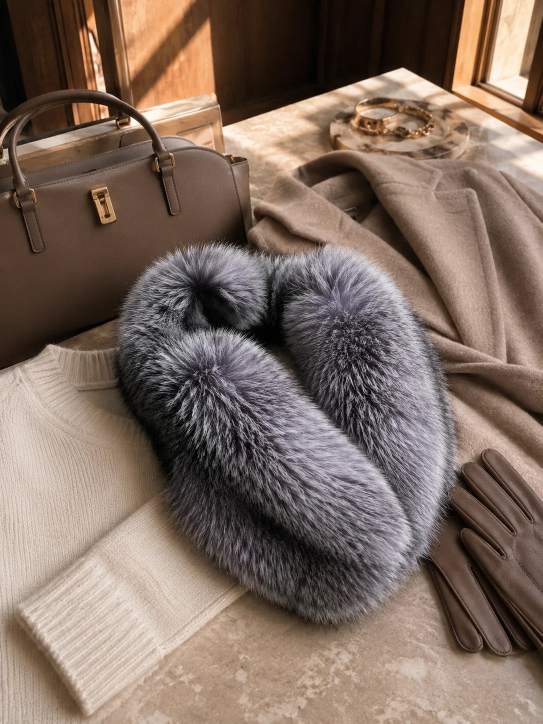 Natural silver fox fur collar styled with a neutral coat knitwear gloves and handbag