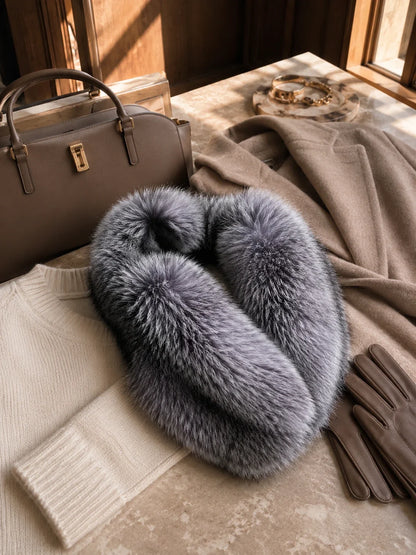 Natural silver fox fur collar styled with a neutral coat knitwear gloves and handbag