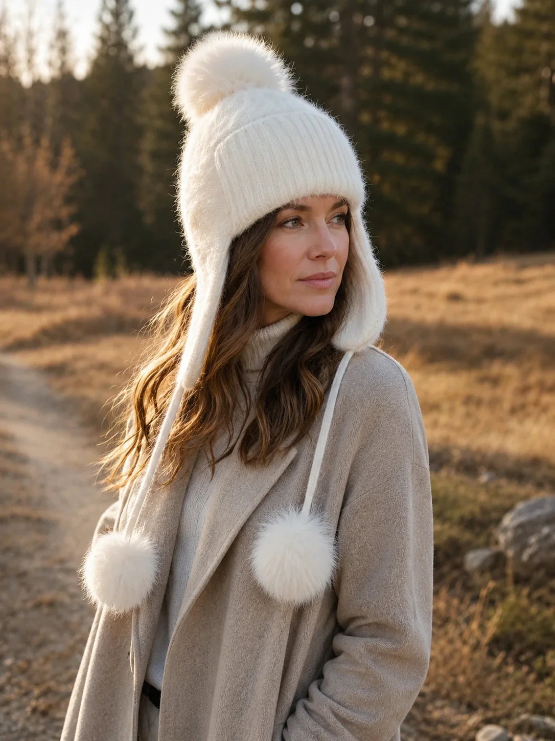 Woman styling a neutral knit earflap pom-pom hat outdoors in winter