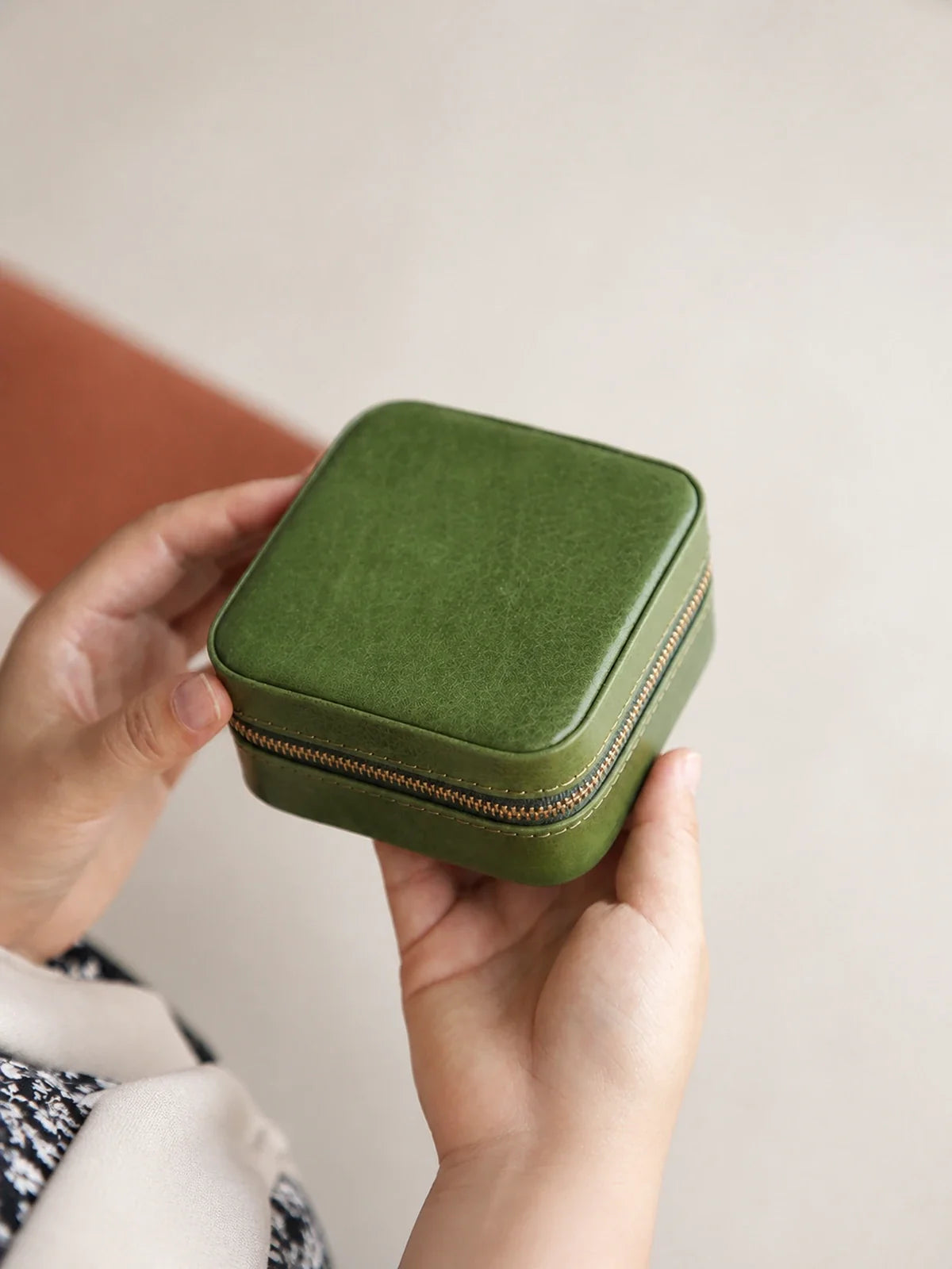 Olive green vegetable-tanned leather travel jewelry case
