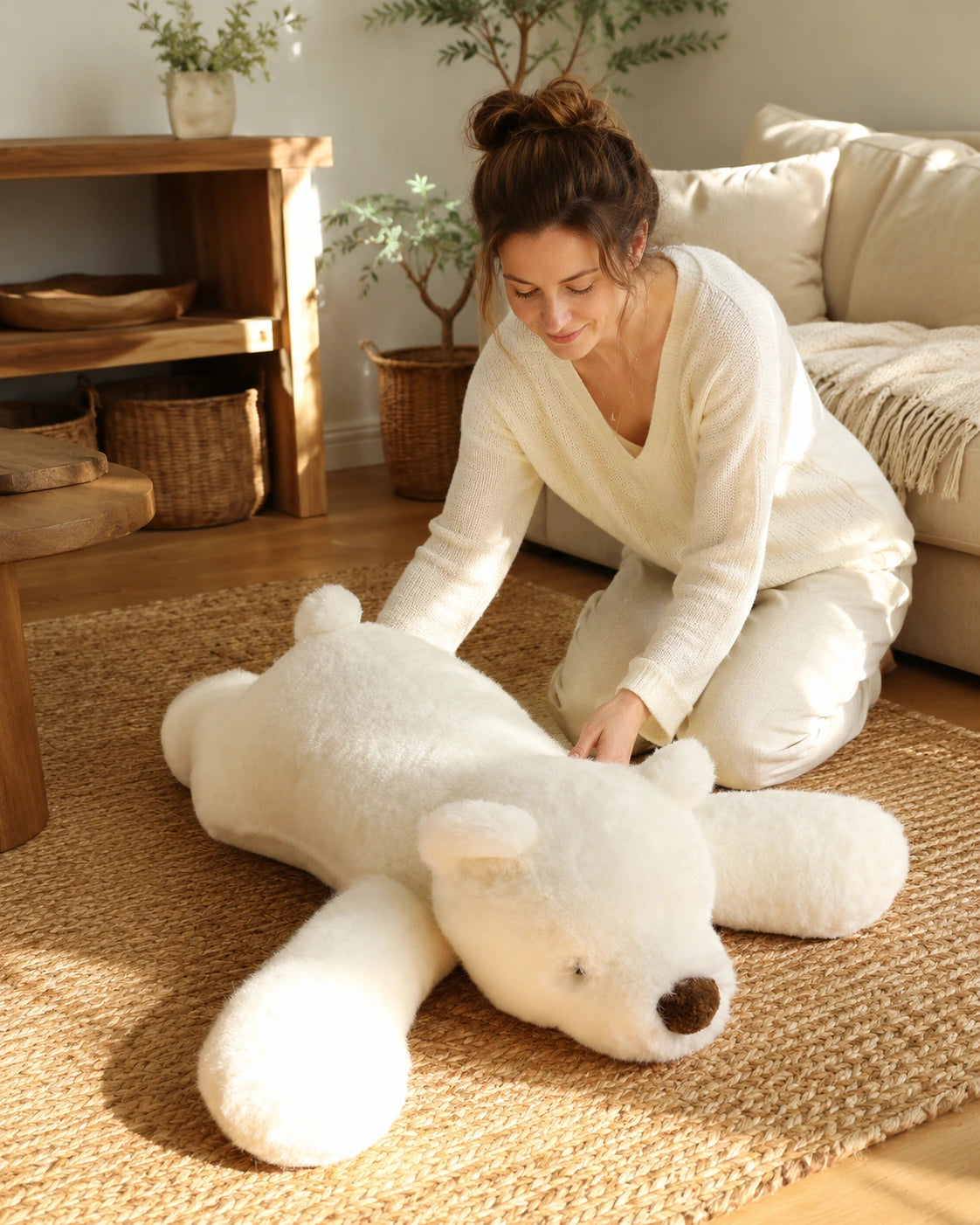 Woman repositioning a Polar Bear genuine natural fur floor cushion on a rug
