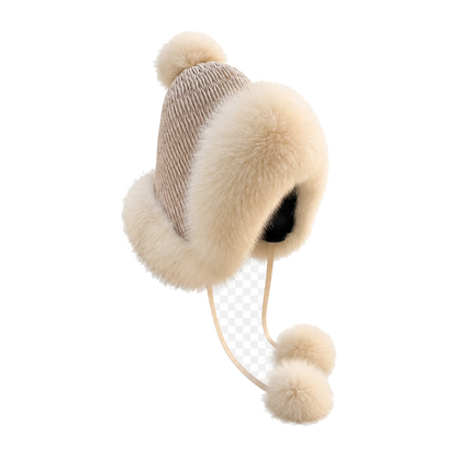 Milk Tea genuine fox fur earflap trapper hat on transparent background