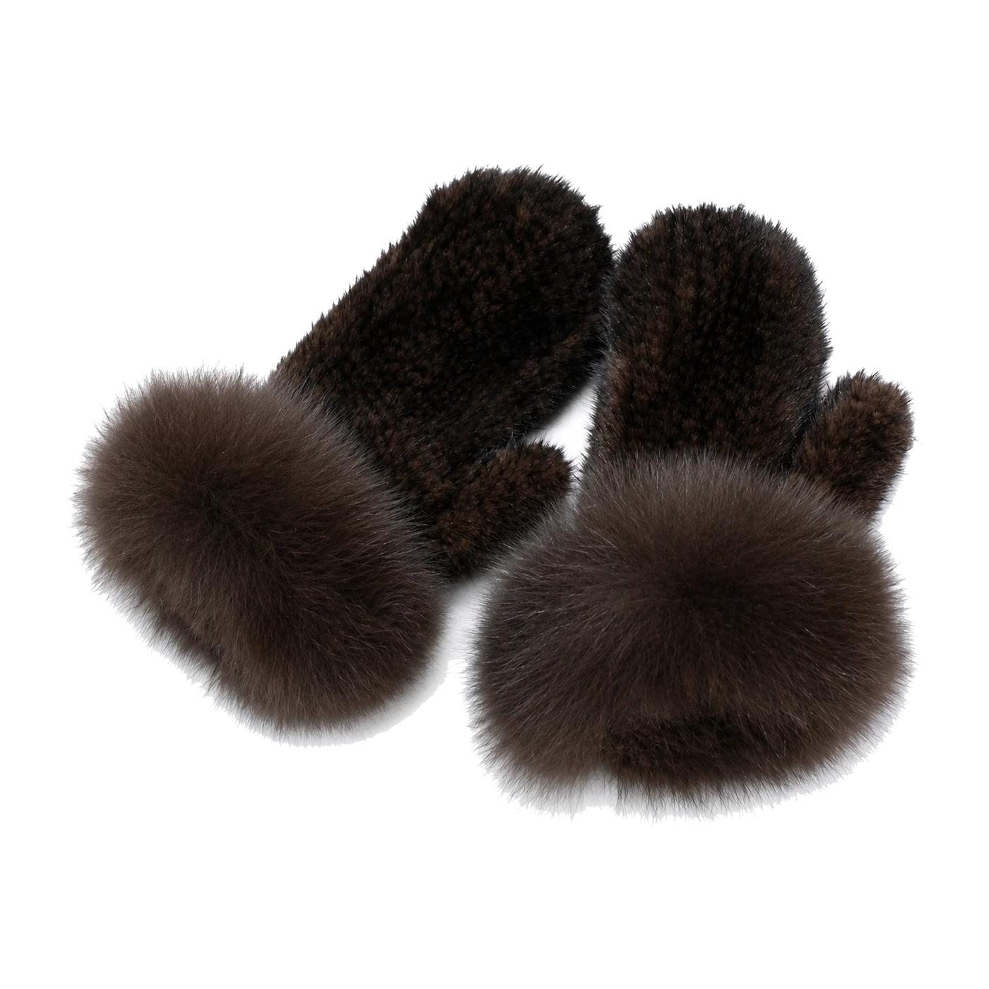 Mocha Brown genuine mink fur mittens with oversized fox fur cuffs on transparent background