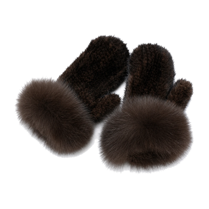 Mocha Brown genuine mink fur mittens with oversized fox fur cuffs on transparent background