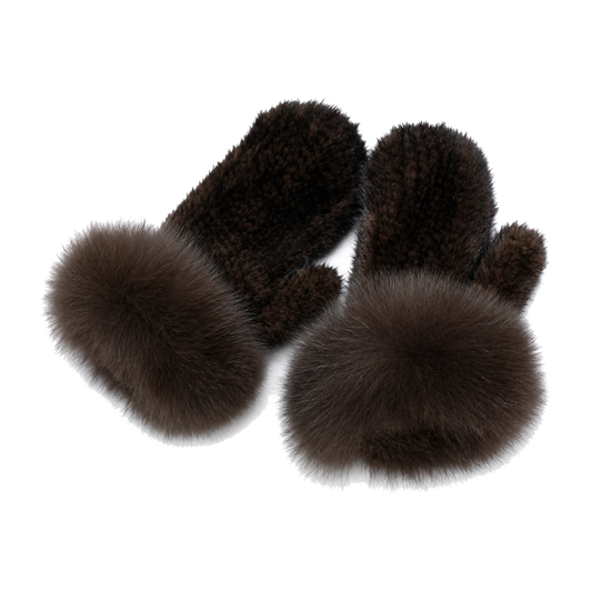 Mocha Brown genuine mink fur mittens with oversized fox fur cuffs on transparent background