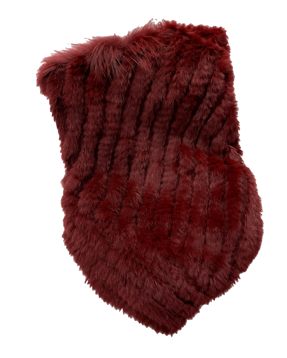 Burgundy handwoven genuine rabbit fur triangle poncho with raccoon fur collar on a transparent background