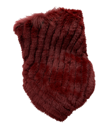 Burgundy handwoven genuine rabbit fur triangle poncho with raccoon fur collar on a transparent background