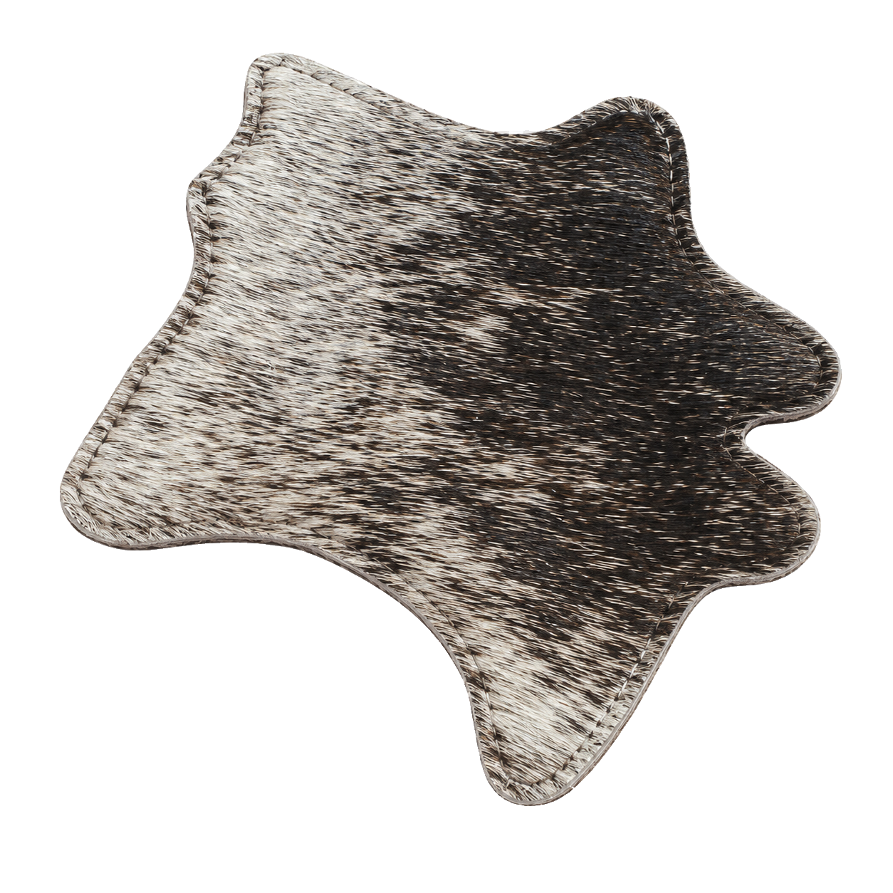 Salt-and-pepper genuine cowhide silhouette coaster showing natural hide variation on transparent background