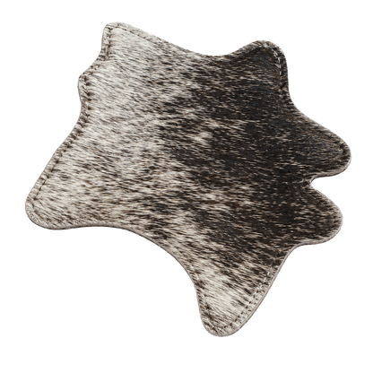 Salt-and-pepper genuine cowhide silhouette coaster showing natural hide variation on transparent background