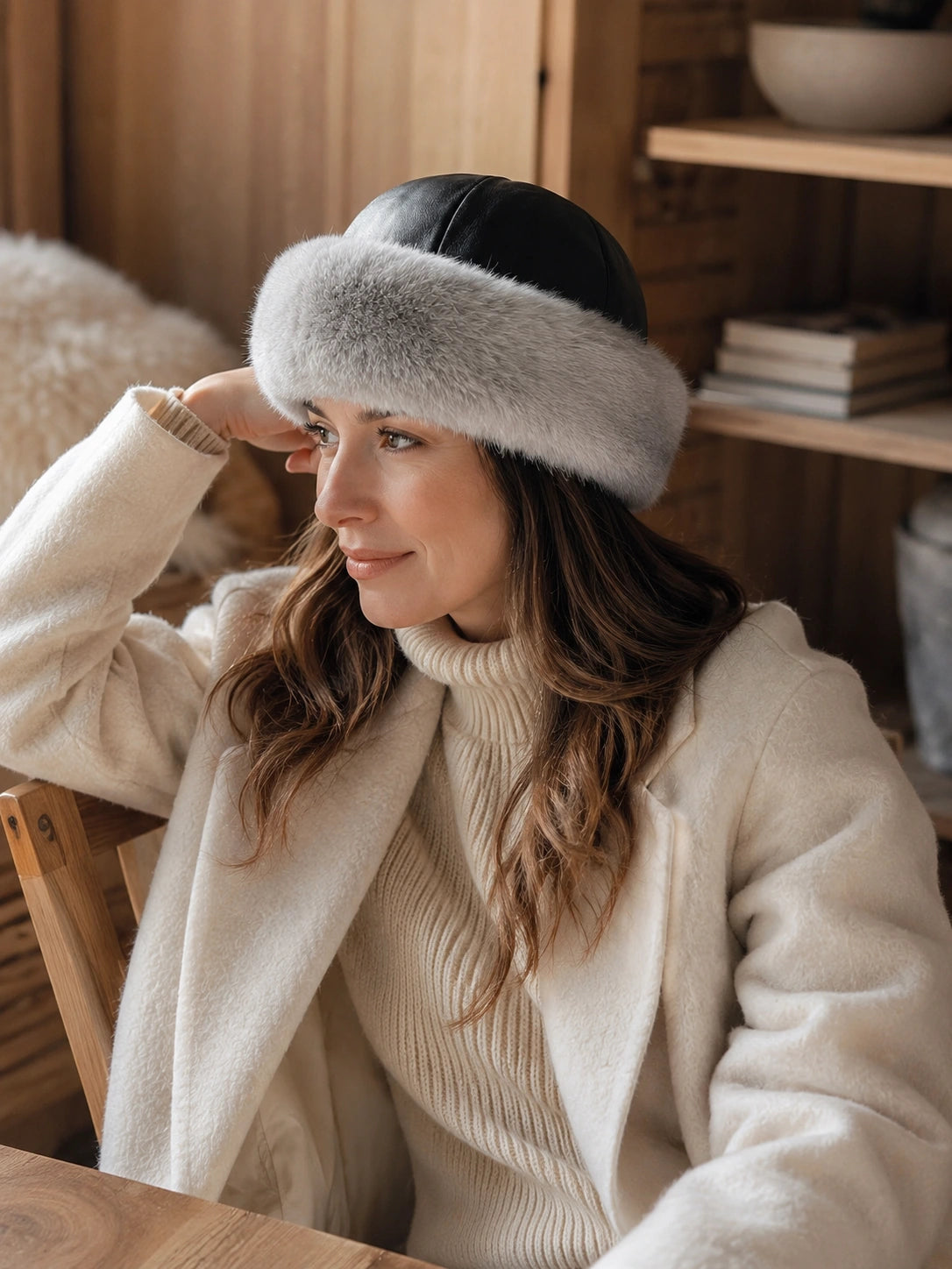 Silver Gray rabbit fur leather round hat styled indoors