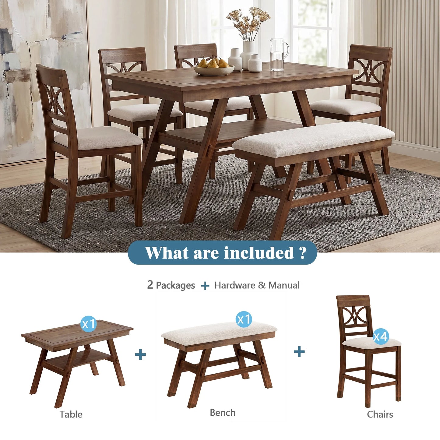 6-Piece Wood Counter Height Dining Table Set with Storage Shelf, Kitchen Table Set with Bench and 4 Chairs,Rustic Style, Walnut+Beige Cushion (old – view 5