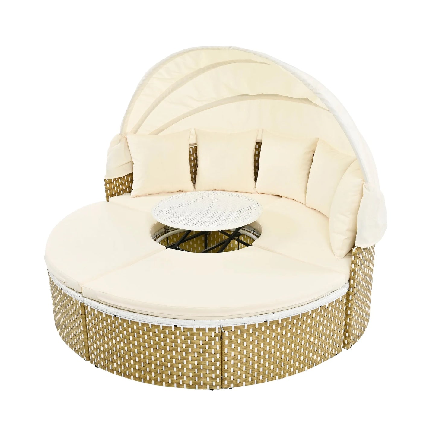 Patio Furniture Round Outdoor Sectional Sofa Set Rattan Daybed Two-Tone Weave Sunbed with Retractable Canopy, Separate Seating and Removable Cushion – view 5