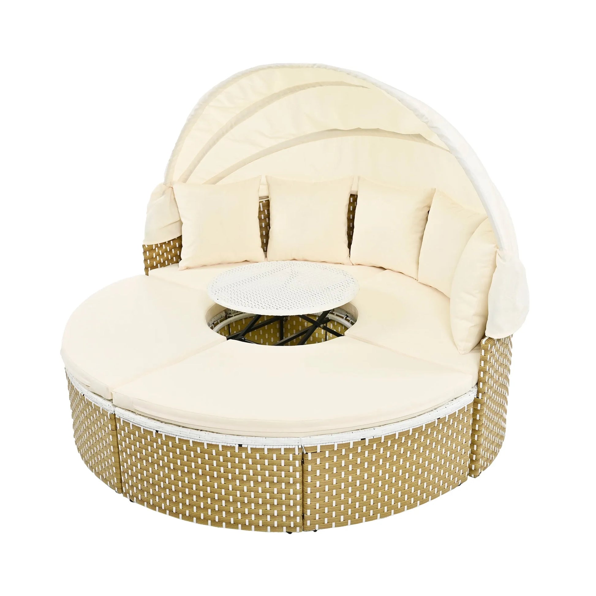 Patio Furniture Round Outdoor Sectional Sofa Set Rattan Daybed Two-Tone Weave Sunbed with Retractable Canopy, Separate Seating and Removable Cushion – view 5