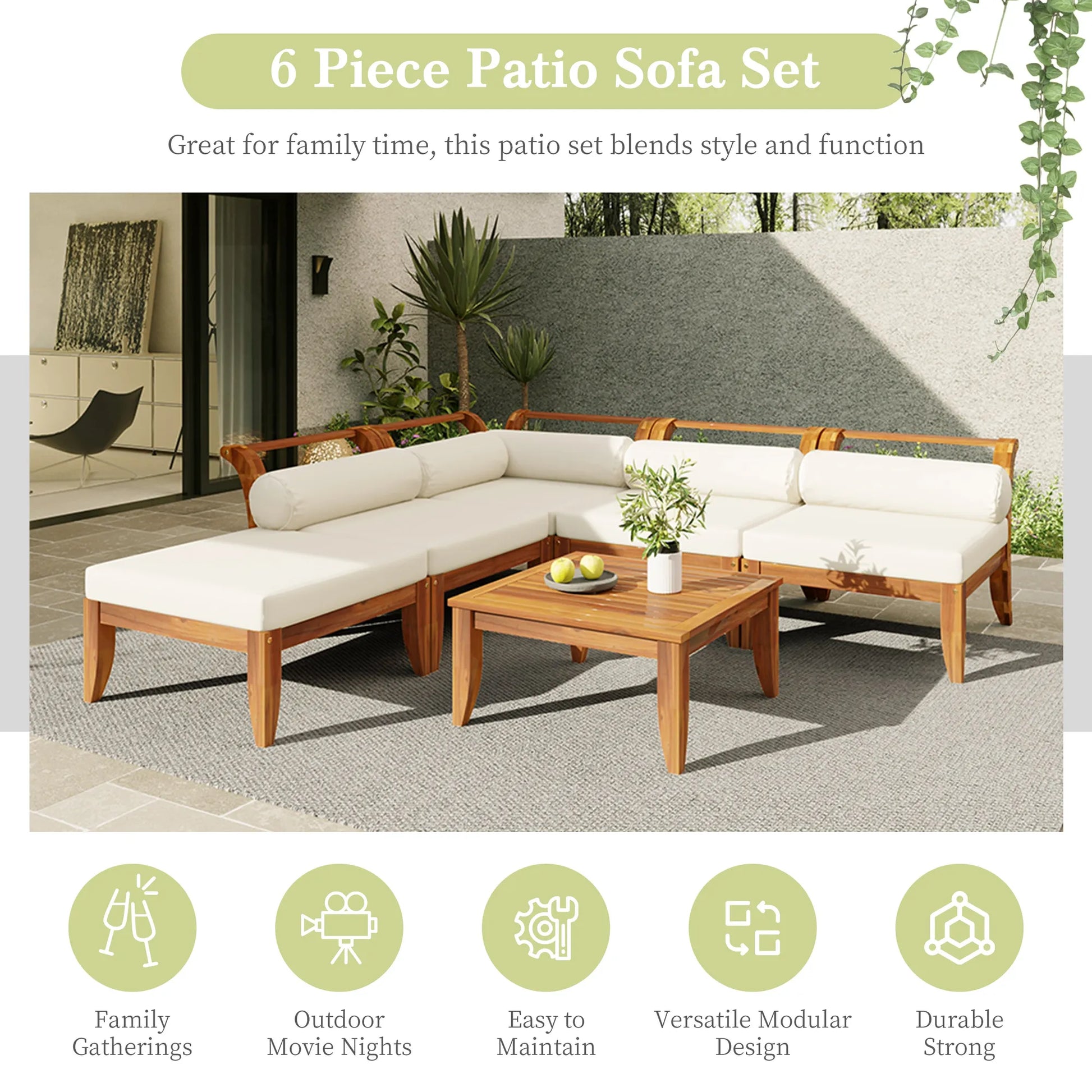 6 Piece Patio Sofa Set, Acacia Wood Outdoor Modular Sectional Garden Furniture Set L-Shaped Conversation Set, Convertible Daybed with Tea Table – view 5
