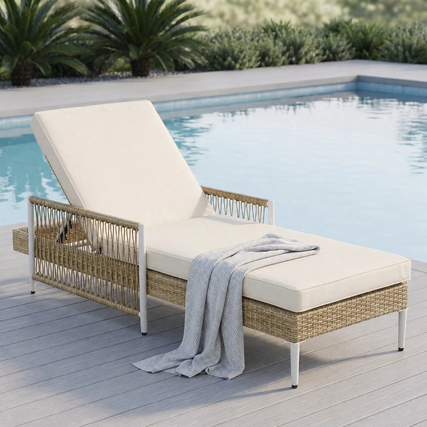 Outdoor All-Weather PE Rattan Chaise Lounge, Minimalist Patio Wicker Lounge Chair with 6 Gear Adjustable Recliner, Arms and Cushion for Poolside – view 5
