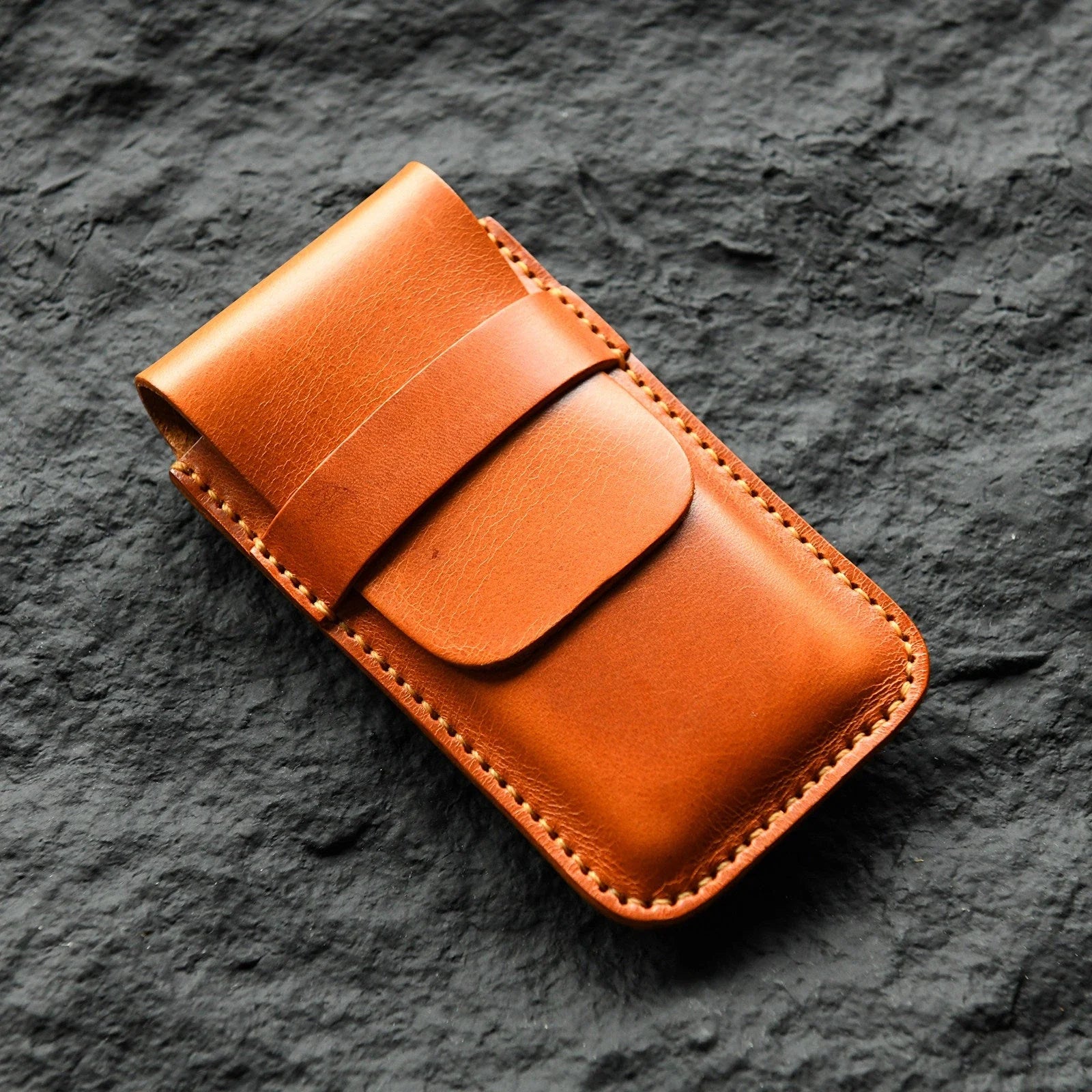 Sunset tan hand-stitched leather watch pouch